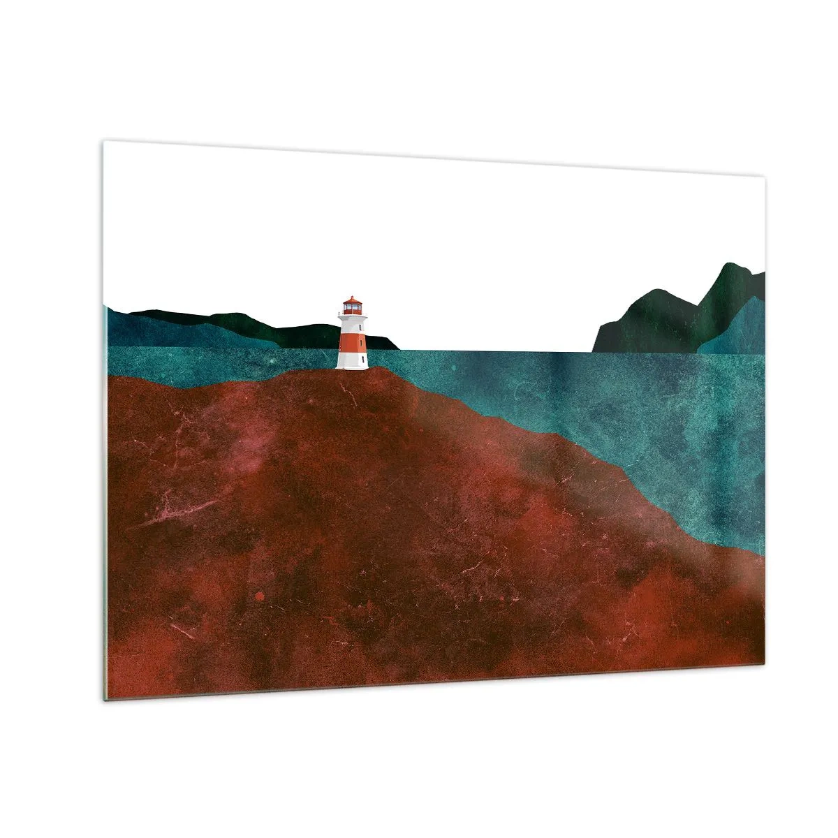 Quadro em vidro - Um farol com um mar azul-turquesa e falésias vermelhas como pano de fundo - 70x50cm - Olhando para o mar - Decoração de parede moderna para a sala de estar e quarto ARTTOR