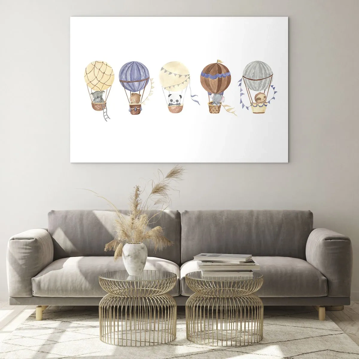 Quadro em vidro - Animais voando em balões em estilo aquarela - 70x50cm - Amigos em movimento - Decoração de parede moderna para a sala de estar e quarto ARTTOR