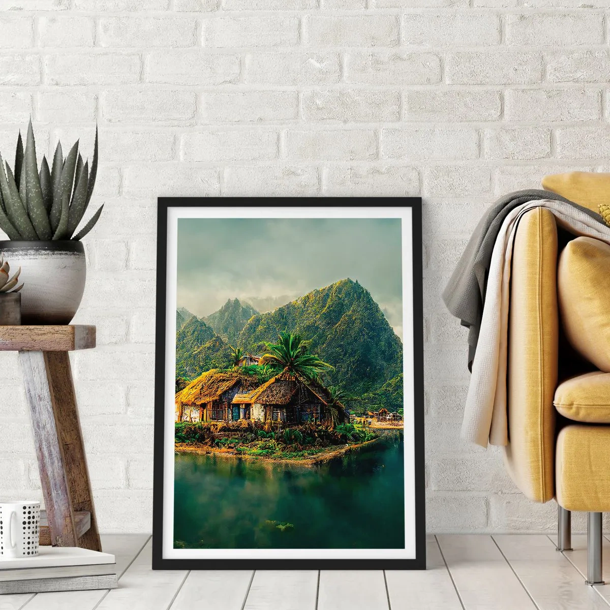 Pôster com moldura preta - Casa de campo tropical com montanhas e um lago ao fundo - 50x70cm - Paraíso Tropical - Decoração de parede moderna para a sala de estar e quarto ARTTOR
