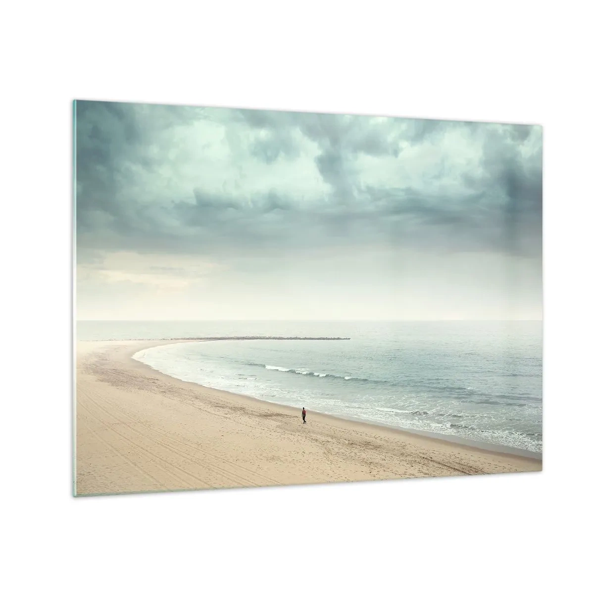 Quadro em vidro - Uma figura passeando em uma praia vazia perto de um mar calmo - 70x50cm - Em busca da paz - Decoração de parede moderna para a sala de estar e quarto ARTTOR