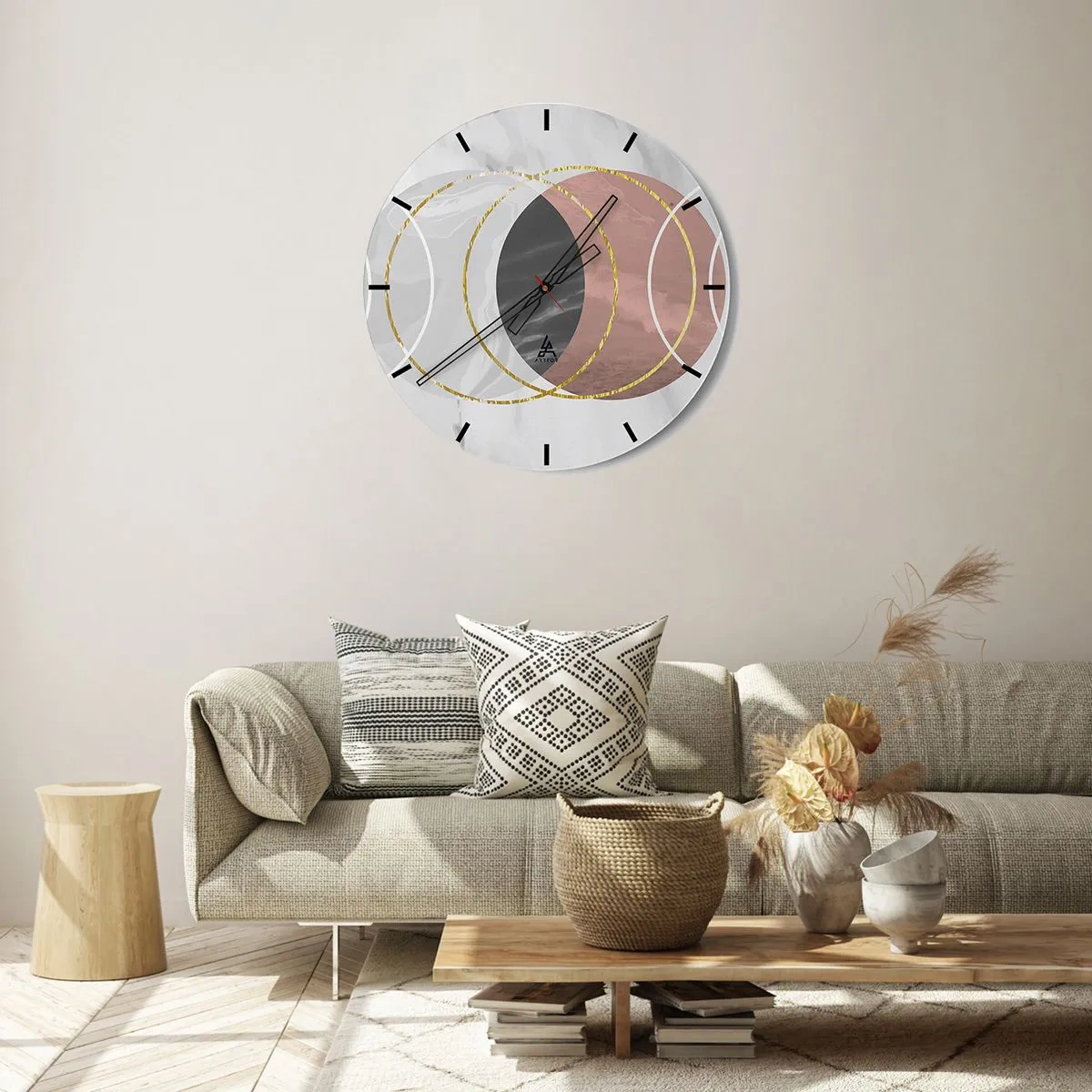 Relógio de parede - Relógio em vidro - Círculos geométricos em tons de cinza e cobre com detalhes dourados - 30x30cm - Música das esferas - Decoração de parede moderna para a sala de estar, cozinha e quarto ARTTOR