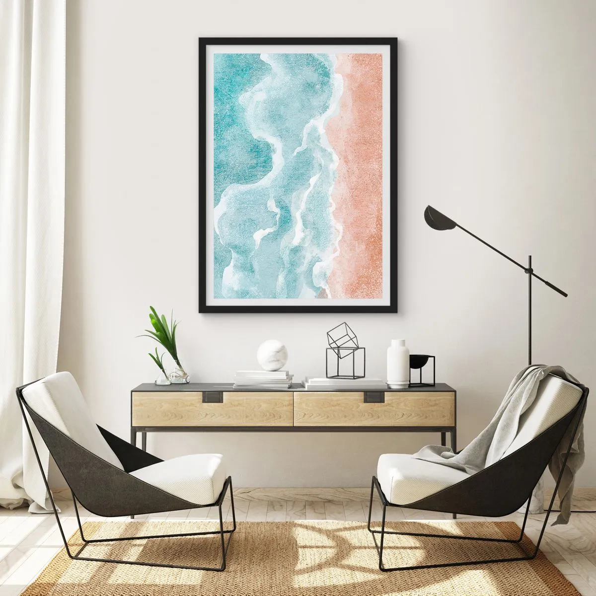 Pôster com moldura preta - Ondas do oceano encontrando a praia de areia - 50x70cm - Abstração de nuvem - Decoração de parede moderna para a sala de estar e quarto ARTTOR