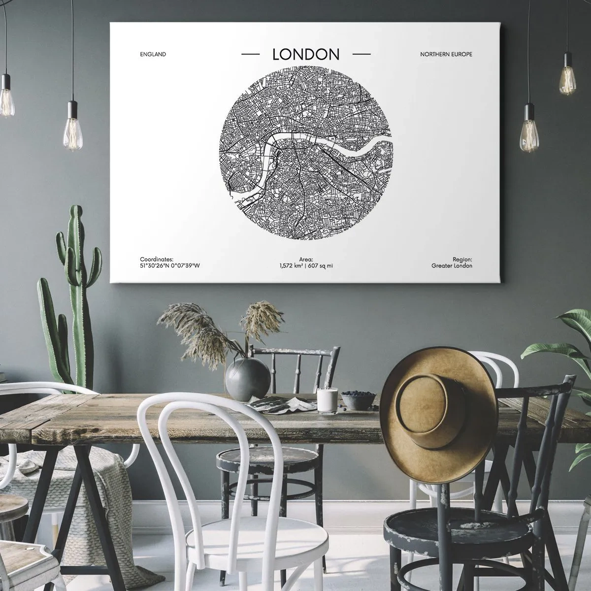 Quadro em tela - Um mapa minimalista de Londres em preto e branco com detalhes precisos. - 70x50cm - Anatomia de Londres - Decoração de parede moderna para a sala de estar e quarto ARTTOR