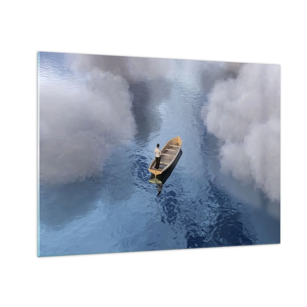 Quadro em vidro - Um homem em um barco navegando pela água entre as nuvens - 70x50cm - Vida – jornada – desconhecido - Decoração de parede moderna para a sala de estar e quarto ARTTOR