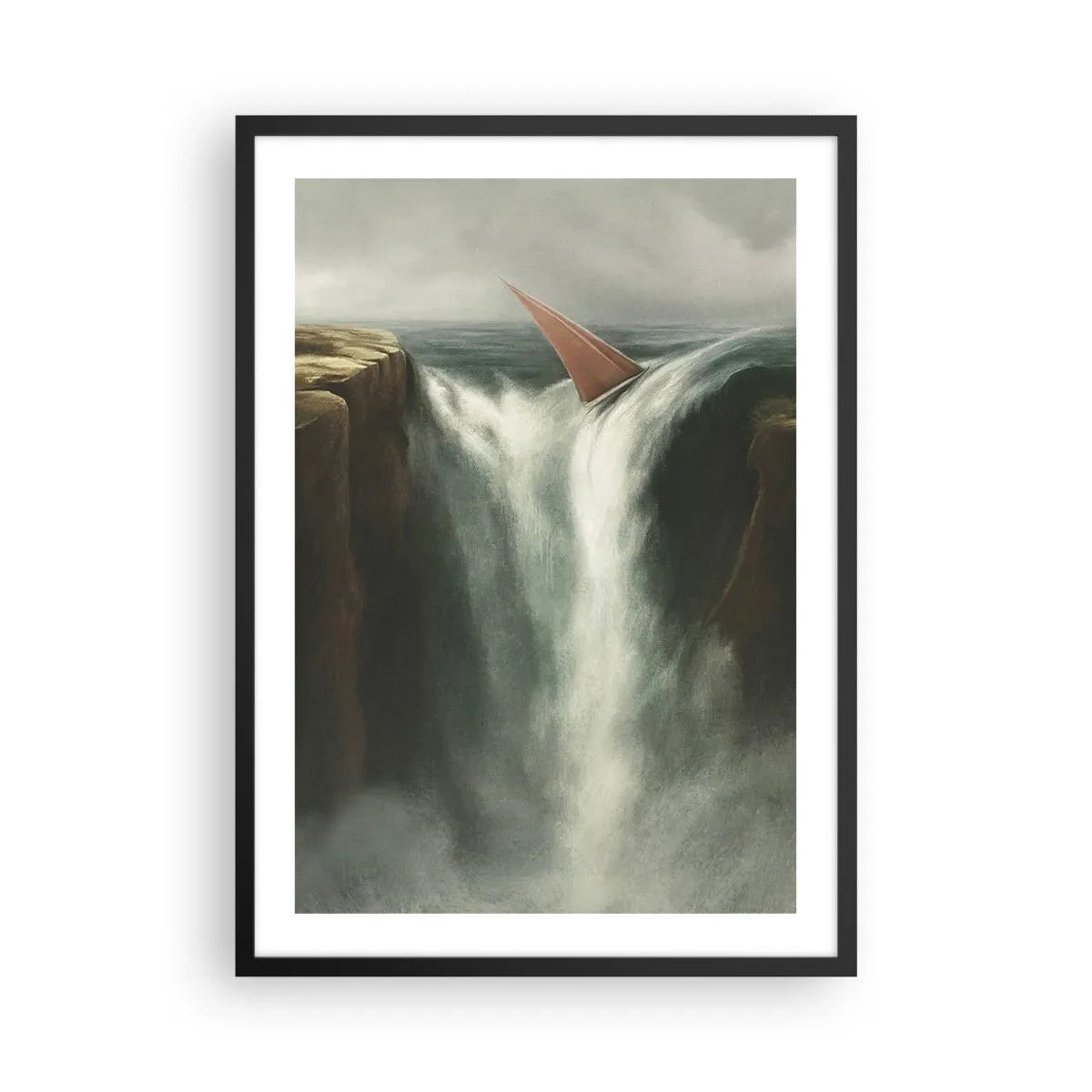 Pôster com moldura preta - Um veleiro cai sobre uma cachoeira em uma paisagem surreal. - 50x70cm - Um aviso da vida - Decoração de parede moderna para a sala de estar e quarto ARTTOR
