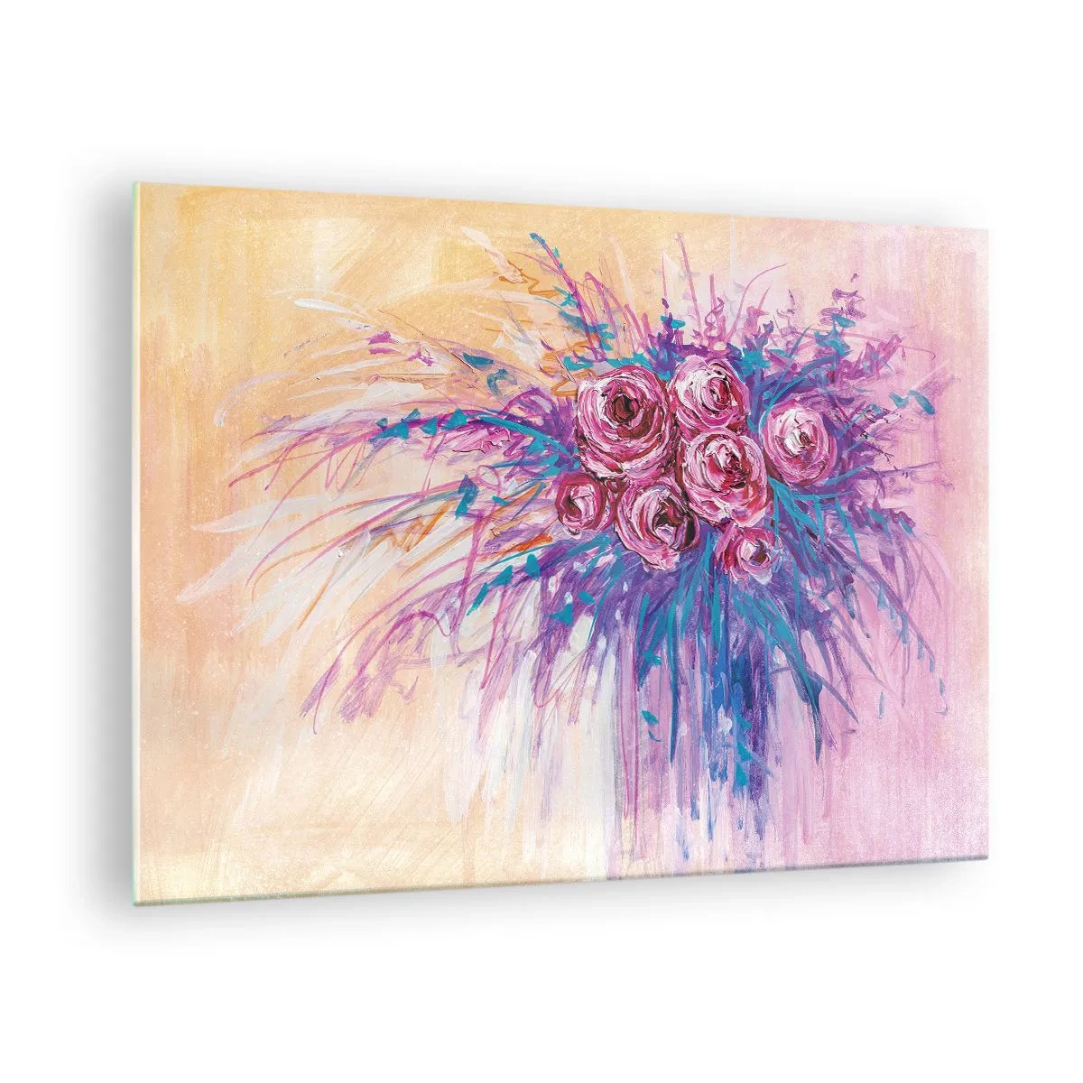 Quadro em vidro - Um buquê de rosas em tons de rosa e roxo sobre um fundo pastel - 70x50cm - Fonte de rosas - Decoração de parede moderna para a sala de estar e quarto ARTTOR