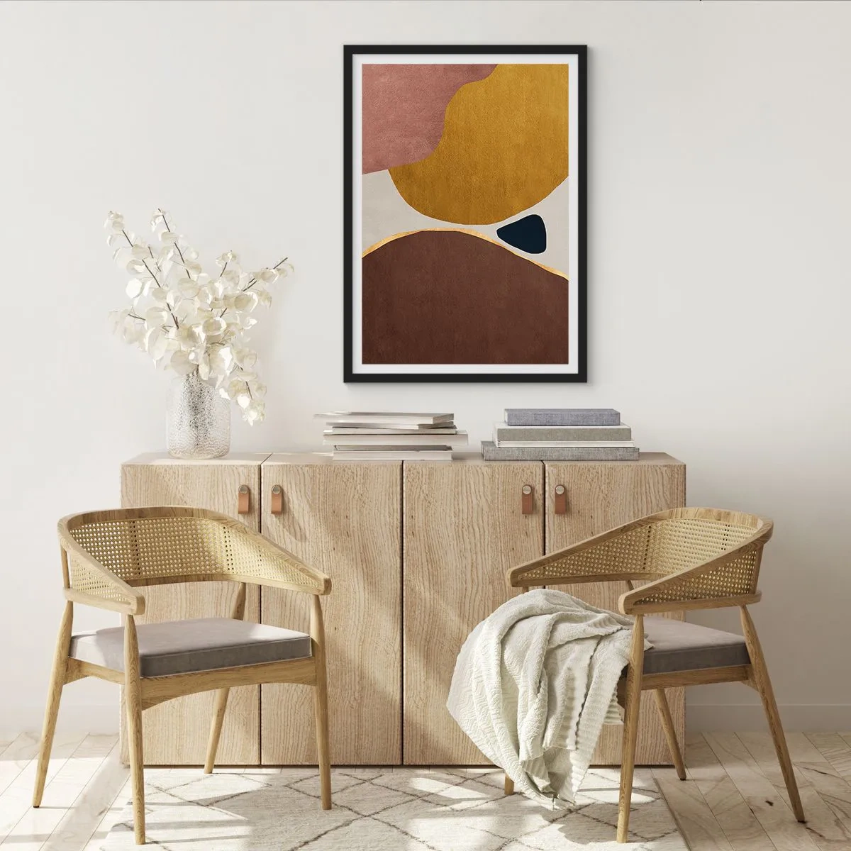 Pôster com moldura preta - Composição geométrica abstrata em cores quentes - 50x70cm - Abstração – um lugar no espaço - Decoração de parede moderna para a sala de estar e quarto ARTTOR