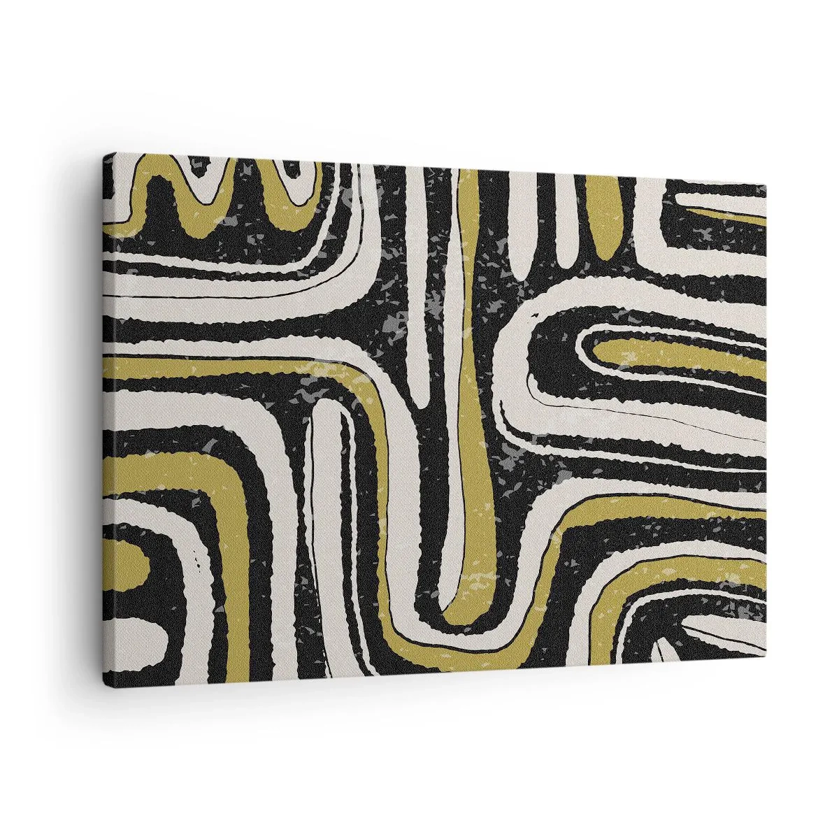 Quadro em tela - Padrão abstrato em preto, branco e dourado - 70x50cm - Composição: estradas e becos - Decoração de parede moderna para a sala de estar e quarto ARTTOR