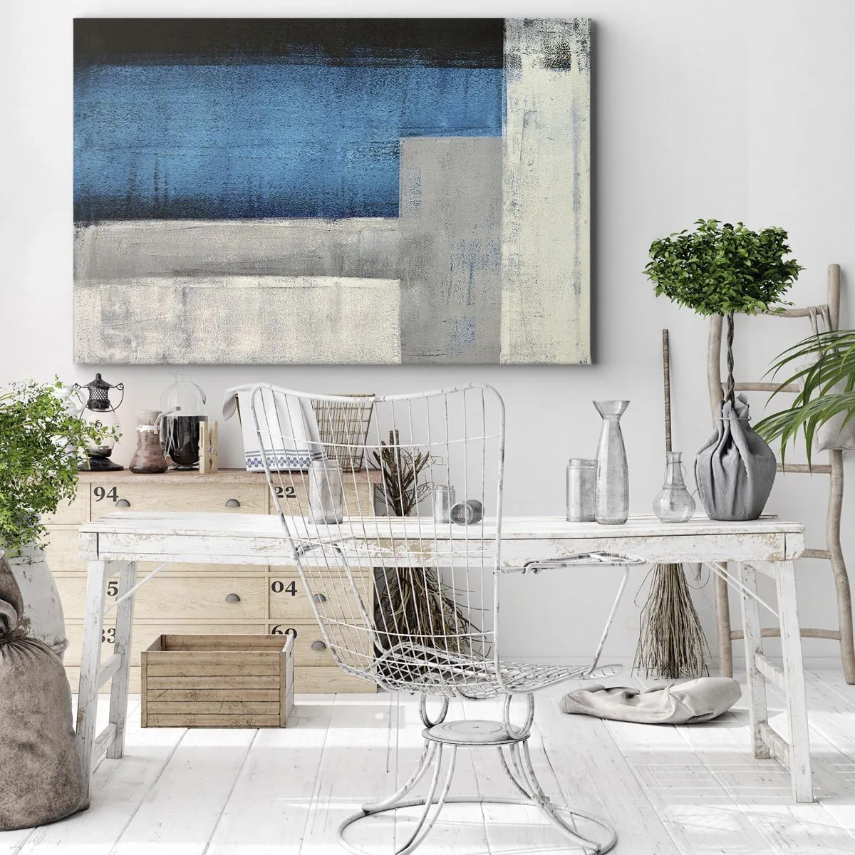 Quadro em tela - Uma composição abstrata com tons de azul, cinza e branco. - 70x50cm - Uma composição poética de cinza e azul - Decoração de parede moderna para a sala de estar e quarto ARTTOR
