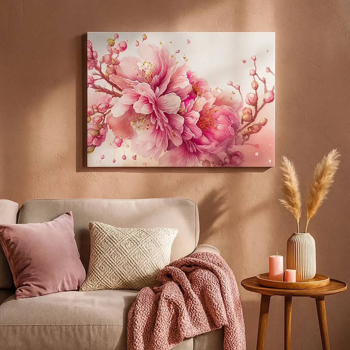 Quadro em tela - Delicadas flores de cerejeira em plena floração contra um fundo claro - 70x50cm - Flor de cerejeira - Decoração de parede moderna para a sala de estar e quarto ARTTOR