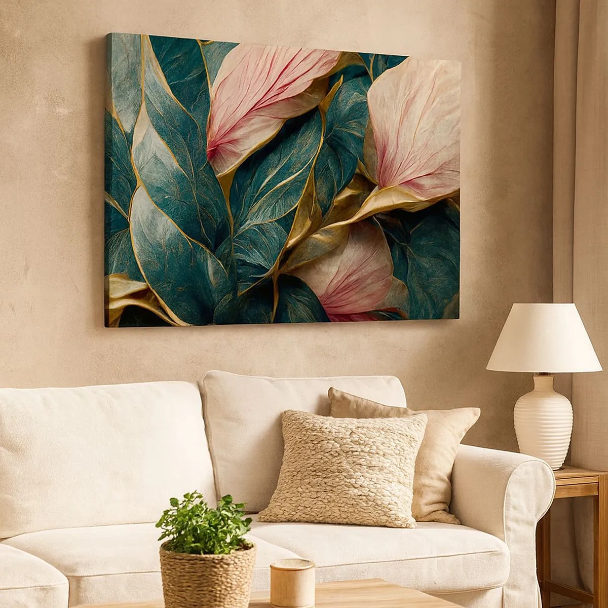 Quadro em tela - Folhas elegantes em verde, dourado e rosa - 70x50cm - Elegância e estilo naturais - Decoração de parede moderna para a sala de estar e quarto ARTTOR