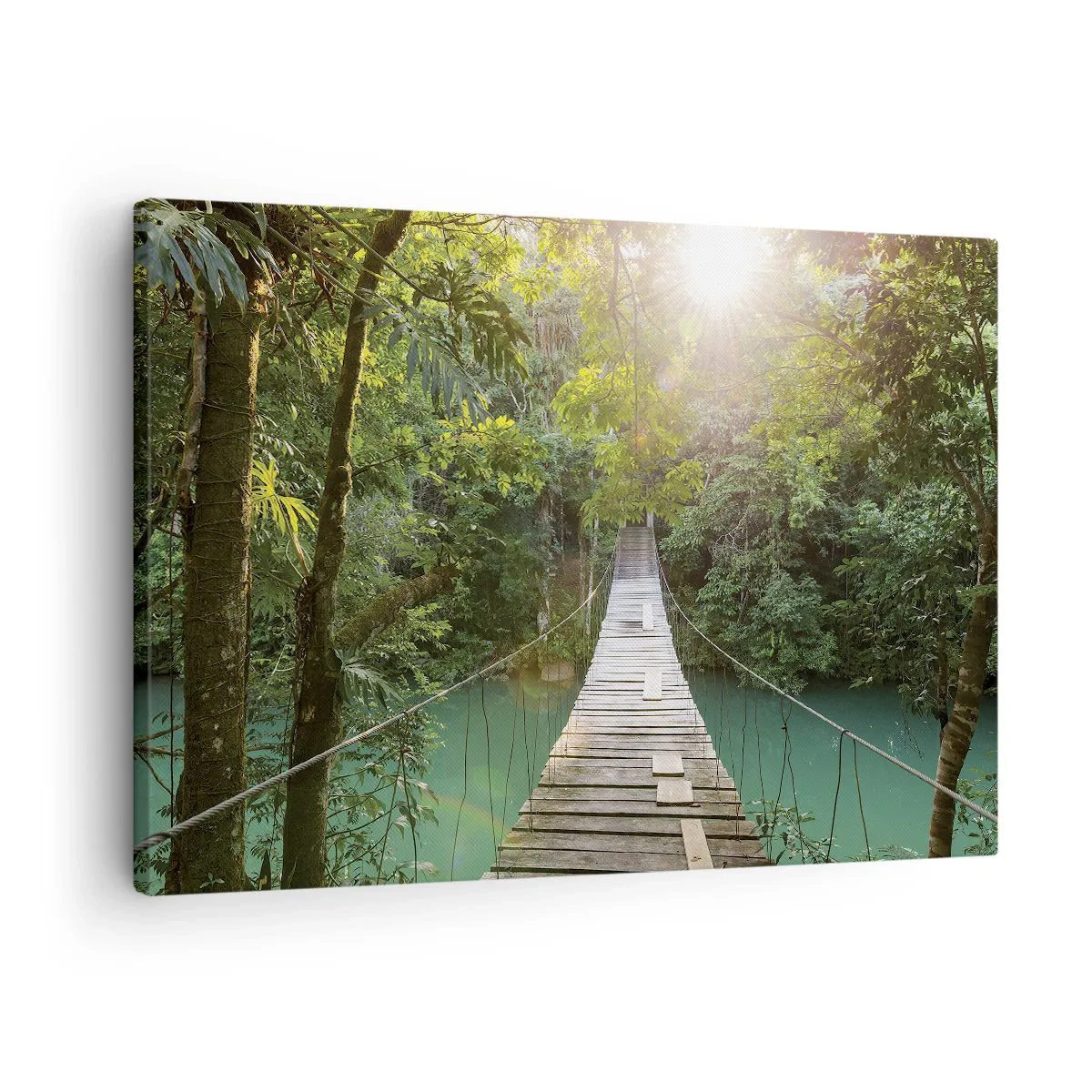 Quadro em tela - Uma ponte suspensa em uma floresta tropical iluminada pela luz do sol. - 70x50cm - Da água azul para a floresta azul - Decoração de parede moderna para a sala de estar e quarto ARTTOR