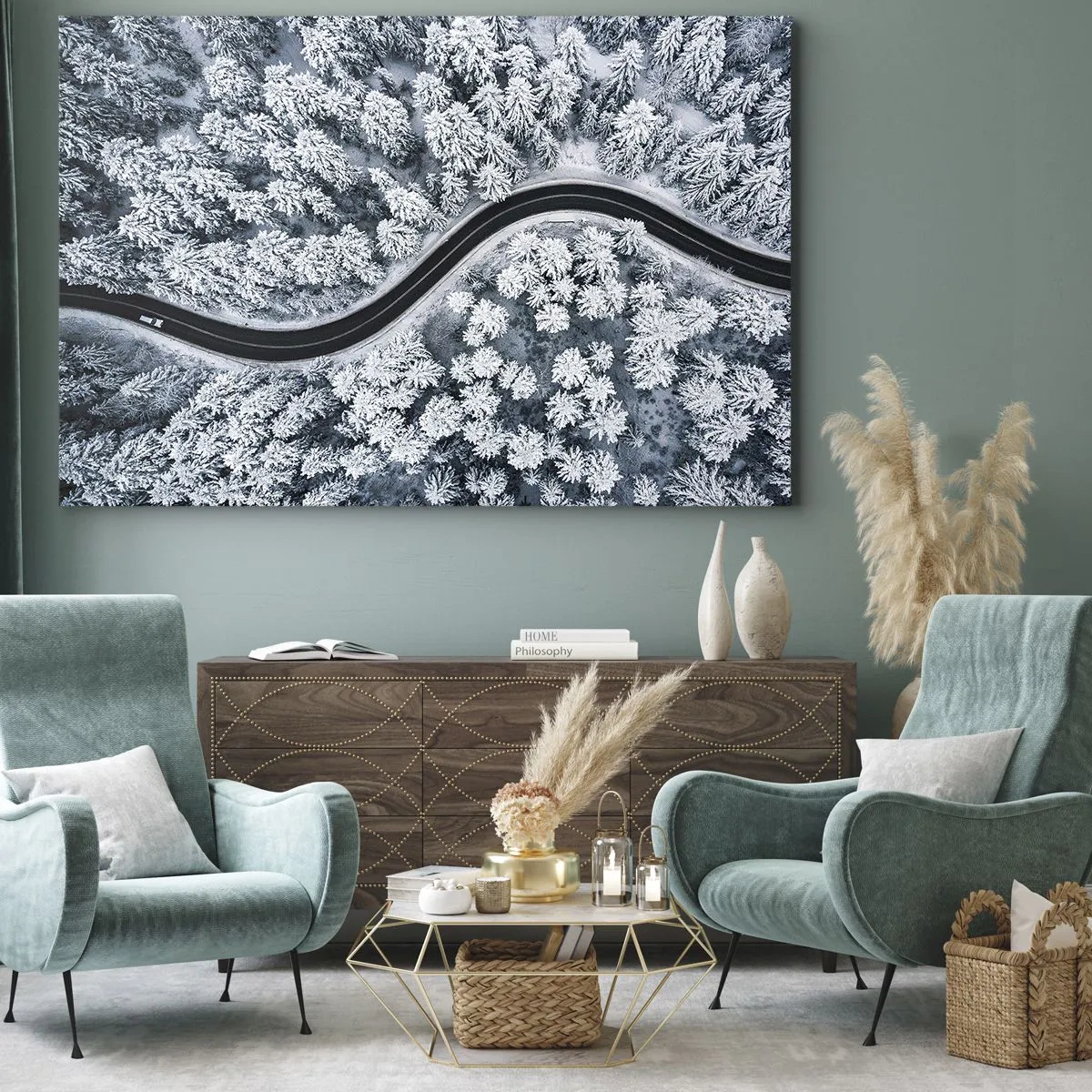 Quadro em tela - Uma vista aérea de uma estrada sinuosa em uma floresta de inverno - 70x50cm - Pelaa floresta no inverno - Decoração de parede moderna para a sala de estar e quarto ARTTOR