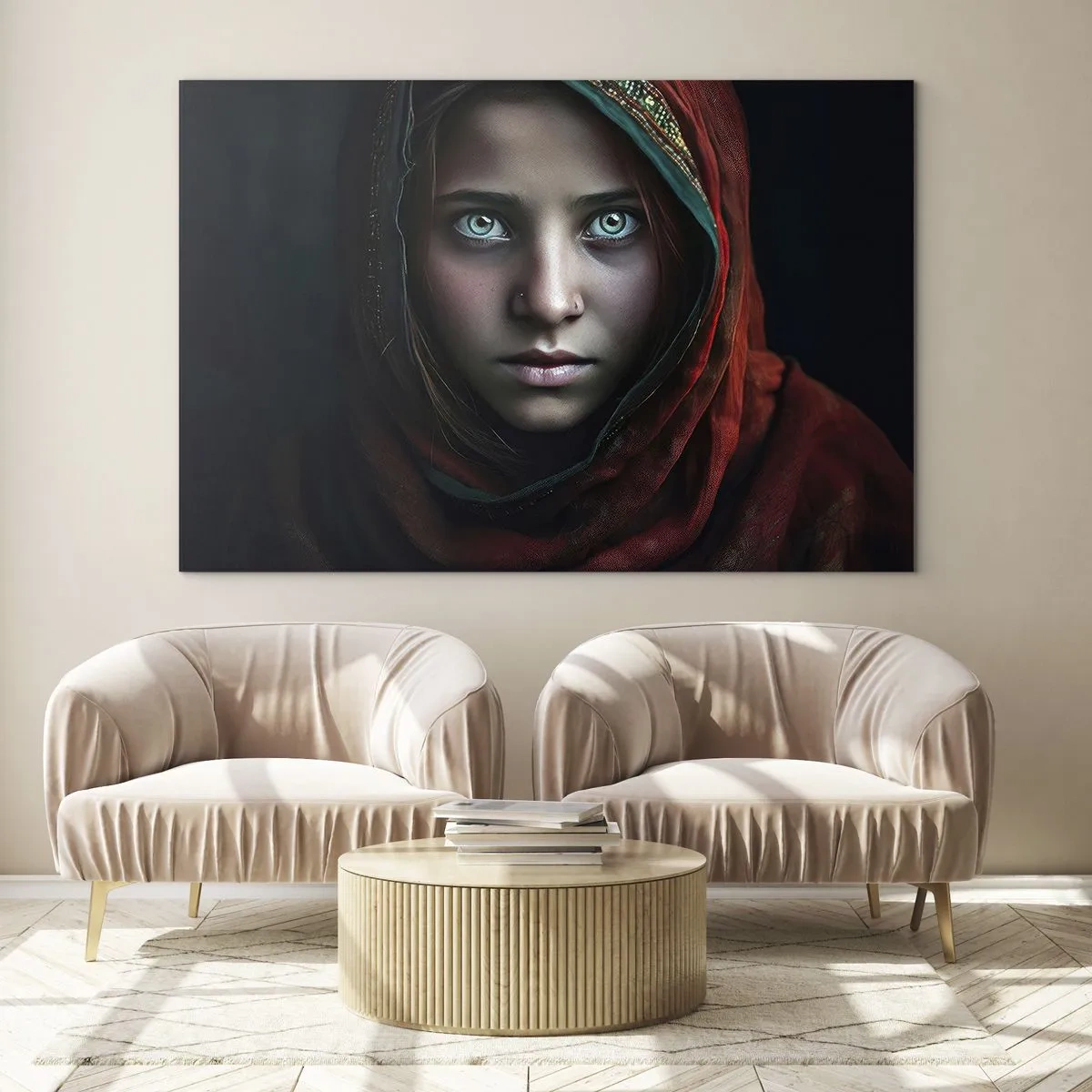 Quadro em vidro - Retrato de uma mulher com um lenço vermelho sobre um fundo escuro - 70x50cm - Princesa oriental - Decoração de parede moderna para a sala de estar e quarto ARTTOR