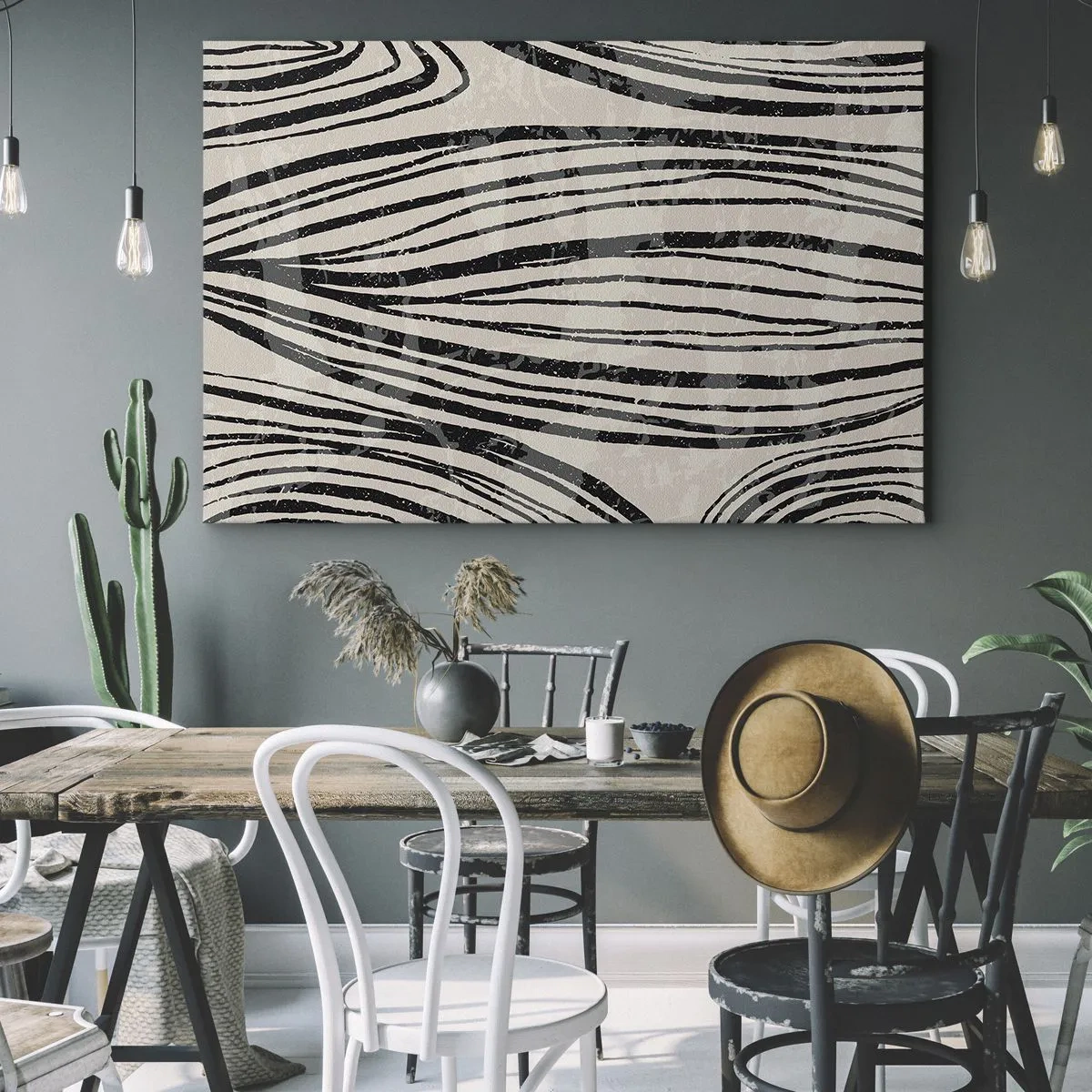 Quadro em tela - Ondas abstratas em tons de preto e branco - 70x50cm - Piscina em linha - Decoração de parede moderna para a sala de estar e quarto ARTTOR