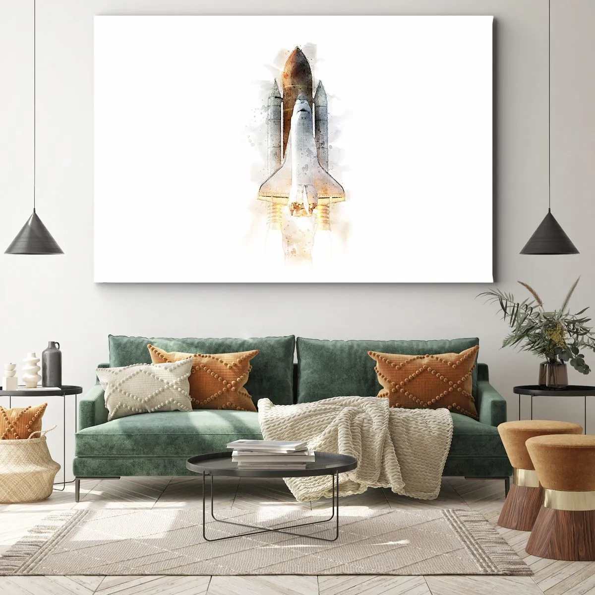 Quadro em tela - Uma interpretação artística em aquarela da decolagem de um ônibus espacial - 70x50cm - Exploradores para iniciantes - Decoração de parede moderna para a sala de estar e quarto ARTTOR