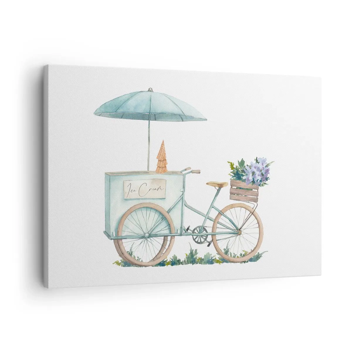 Quadro em tela - Uma bicicleta com sorvete e flores sob um guarda-chuva em delicadas cores pastel - 70x50cm - Doce lembrança do verão - Decoração de parede moderna para a sala de estar e quarto ARTTOR