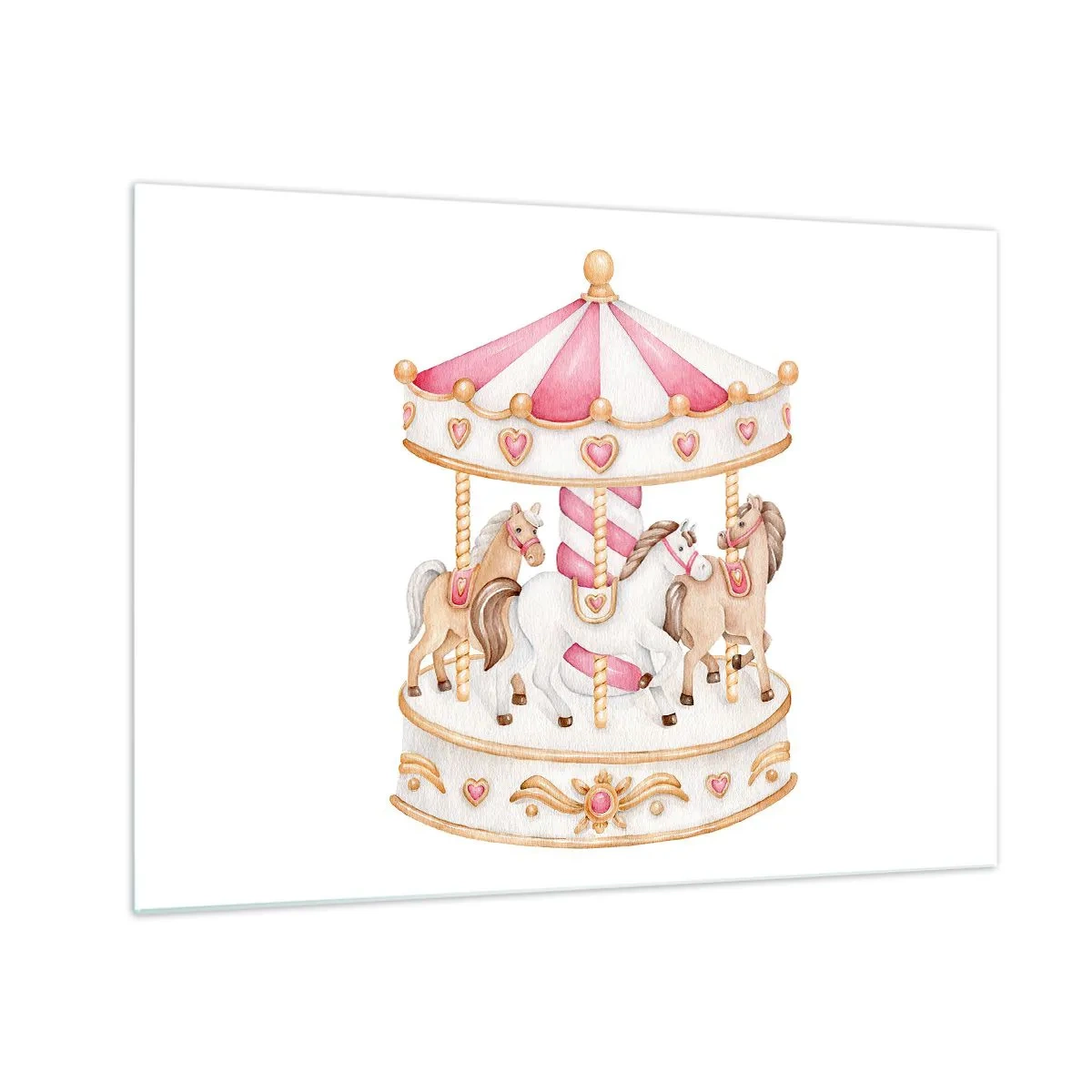 Quadro em vidro - Um carrossel rosa com cavalos de estilo infantil em um fundo branco - 70x50cm - O doce mundo da infância - Decoração de parede moderna para a sala de estar e quarto ARTTOR