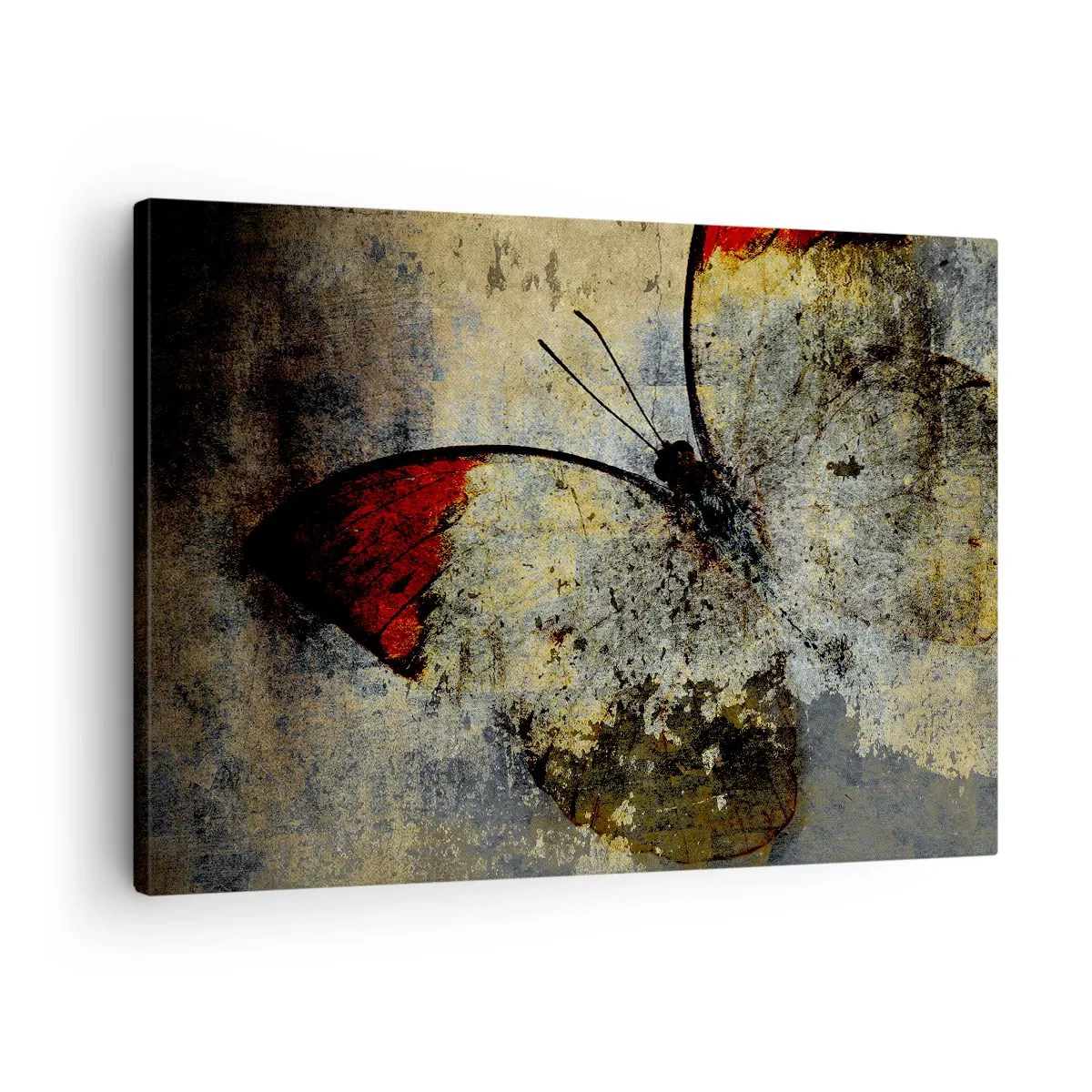 Quadro em tela - Uma borboleta em tons de vermelho e cinza em um fundo texturizado - 70x50cm - Olhe antes que desapareça - Decoração de parede moderna para a sala de estar e quarto ARTTOR