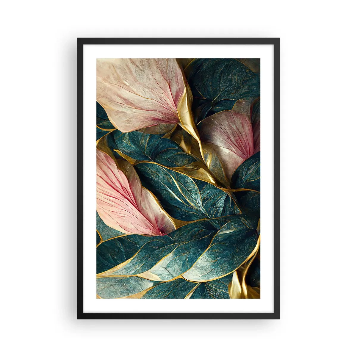 Pôster com moldura preta - Uma elegante composição de folhas em tons de verde, dourado e rosa - 50x70cm - Elegância e estilo naturais - Decoração de parede moderna para a sala de estar e quarto ARTTOR