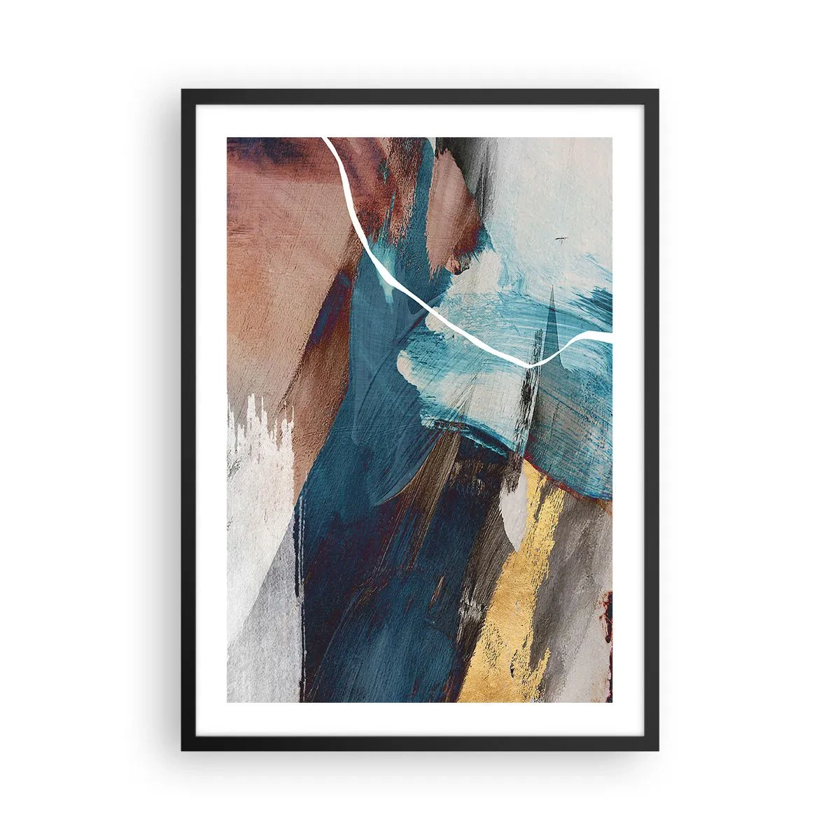 Pôster com moldura preta - Abstração expressiva em tons de azul e dourado - 50x70cm - Com elegância e energia - Decoração de parede moderna para a sala de estar e quarto ARTTOR
