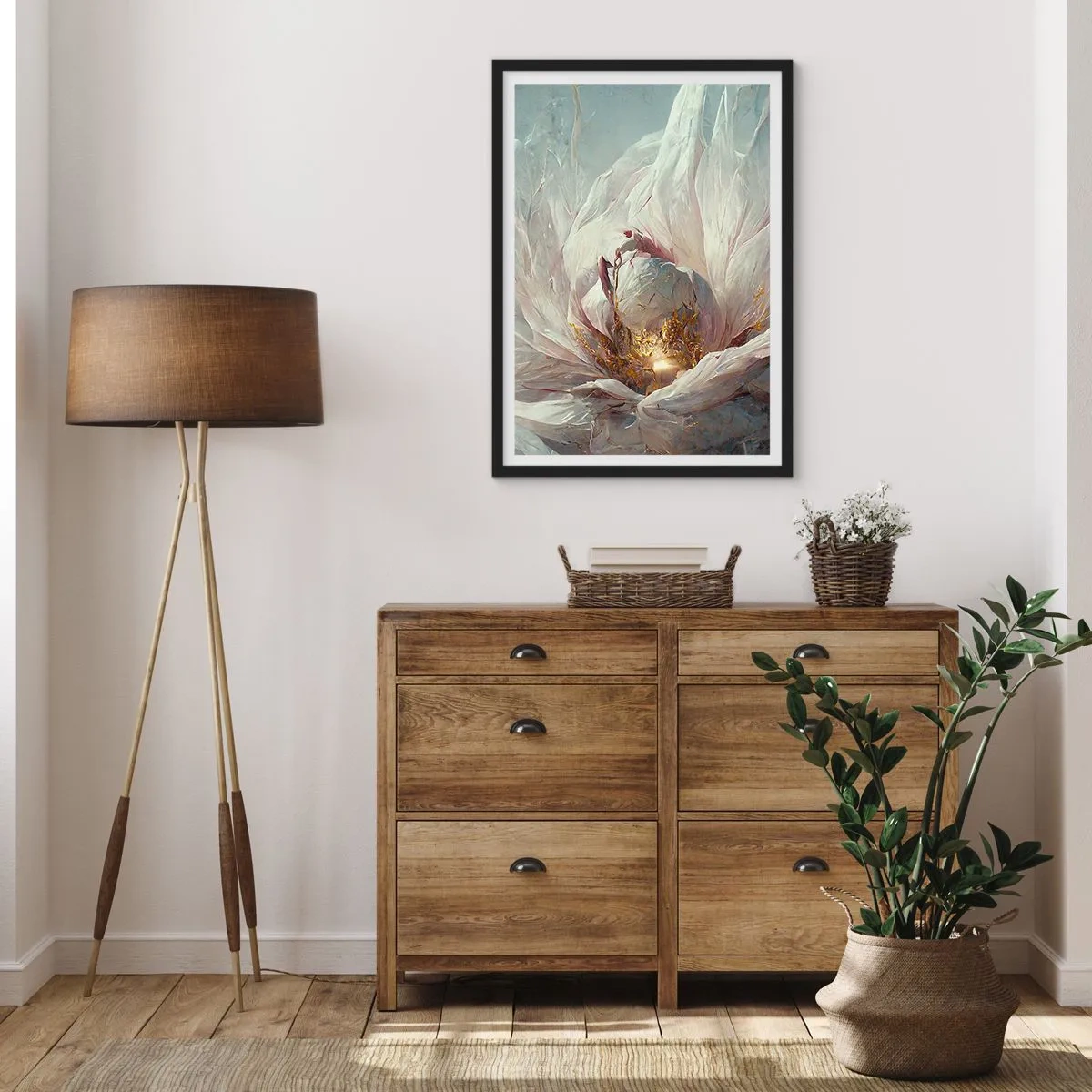 Pôster com moldura preta - Uma abstração sutil com um motivo floral em delicados tons de branco e dourado. - 50x70cm - Floresce uma vez a cada cem anos - Decoração de parede moderna para a sala de estar e quarto ARTTOR