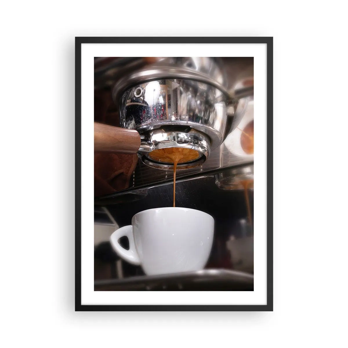 Pôster com moldura preta - Uma máquina de café despejando expresso fresco em uma xícara - 50x70cm - Boa hora do dia - Decoração de parede moderna para a sala de estar e quarto ARTTOR
