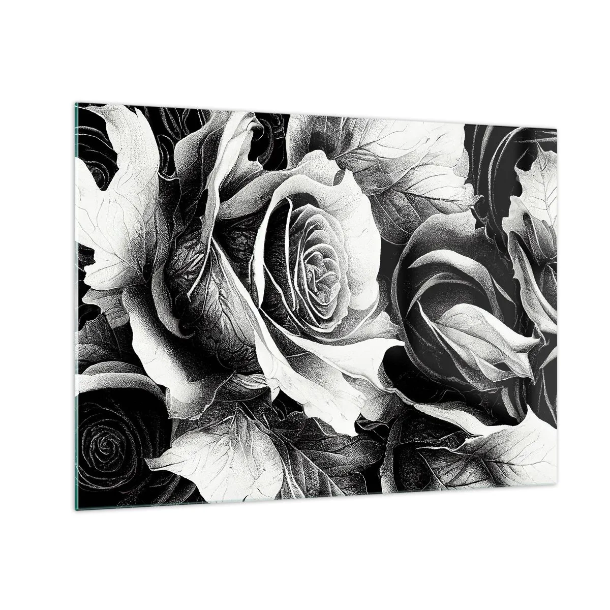 Quadro em vidro - Arranjo de flores rosas pretas e brancas com detalhes - 70x50cm - Sempre uma rainha - Decoração de parede moderna para a sala de estar e quarto ARTTOR