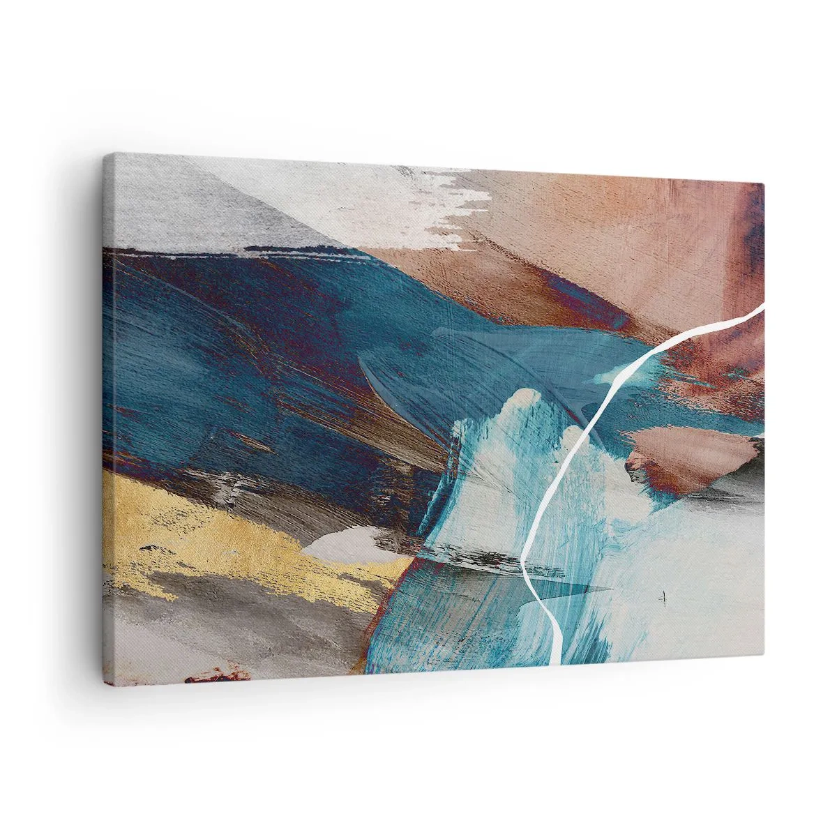 Quadro em tela - Pinceladas abstratas em tons de azul e dourado - 70x50cm - Com elegância e energia - Decoração de parede moderna para a sala de estar e quarto ARTTOR