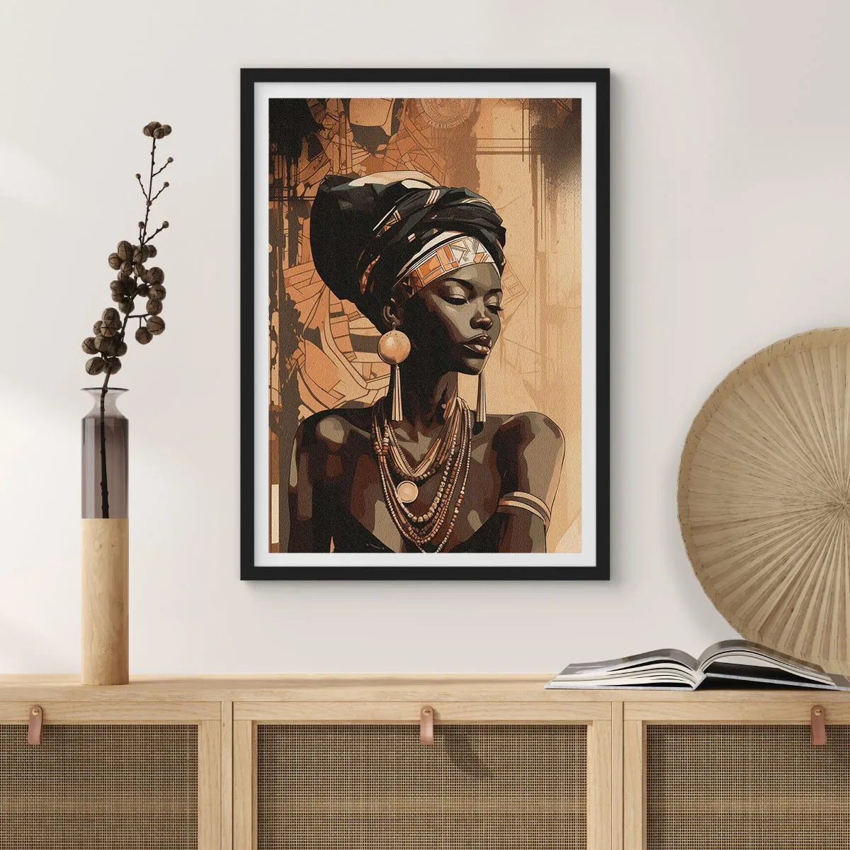 Pôster com moldura preta - Retrato de uma mulher africana usando ornamentos tradicionais - 50x70cm - Majestade africana - Decoração de parede moderna para a sala de estar e quarto ARTTOR