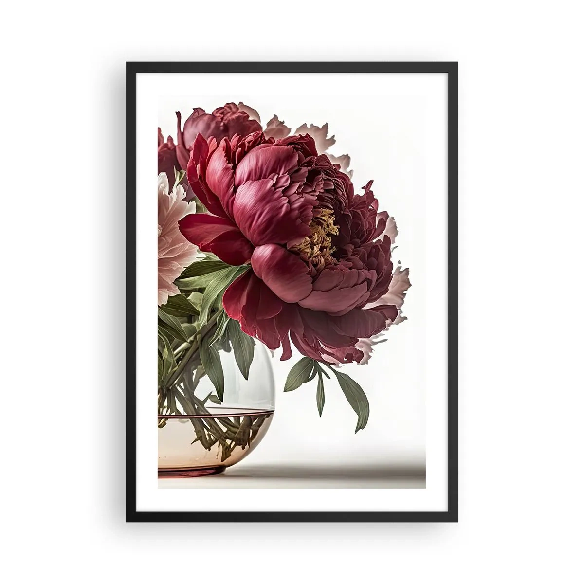 Pôster com moldura preta - Peônias vermelhas em um vaso de vidro sobre fundo branco - 50x70cm - Em plena floração de beleza - Decoração de parede moderna para a sala de estar e quarto ARTTOR