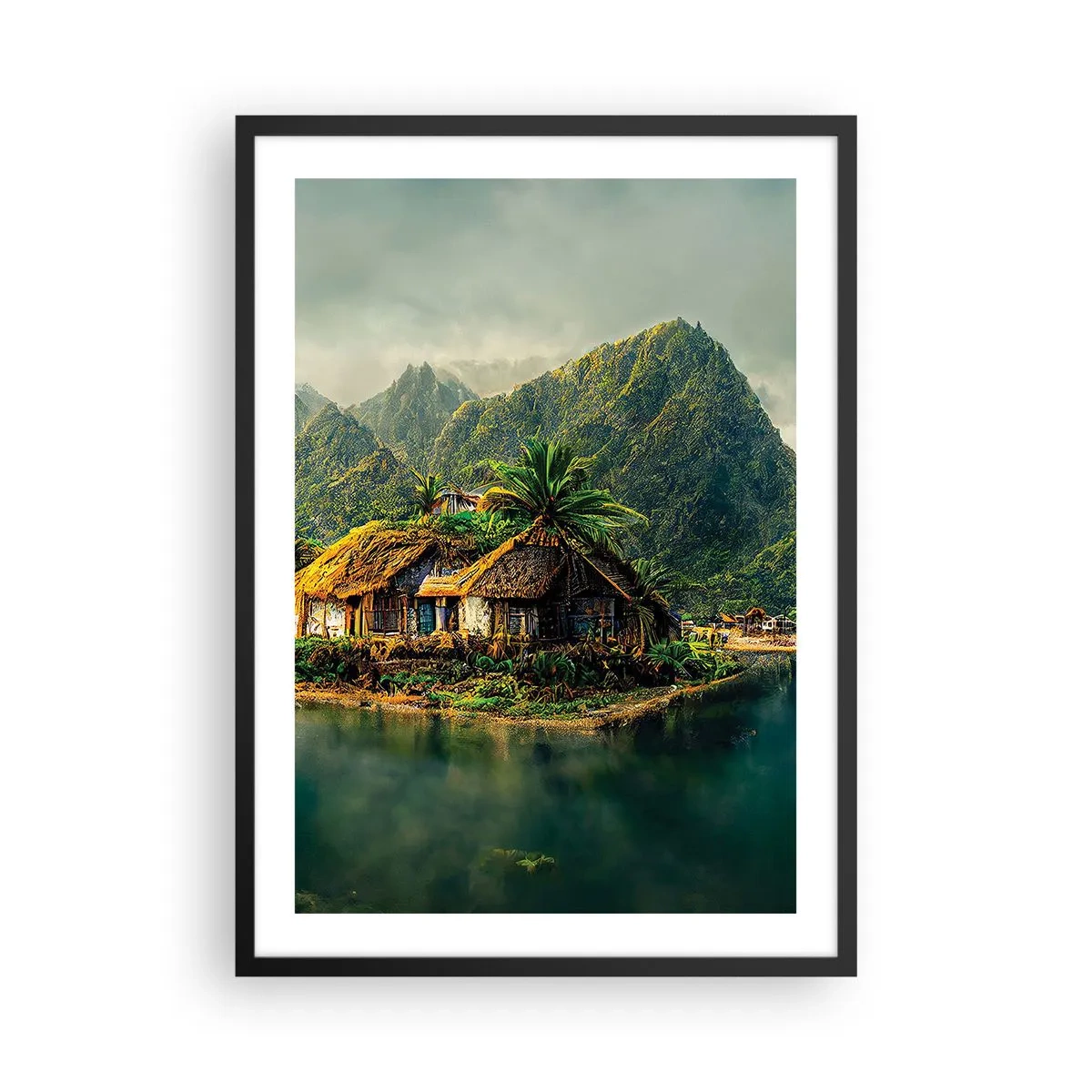 Pôster com moldura preta - Casa de campo tropical com montanhas e um lago ao fundo - 50x70cm - Paraíso Tropical - Decoração de parede moderna para a sala de estar e quarto ARTTOR