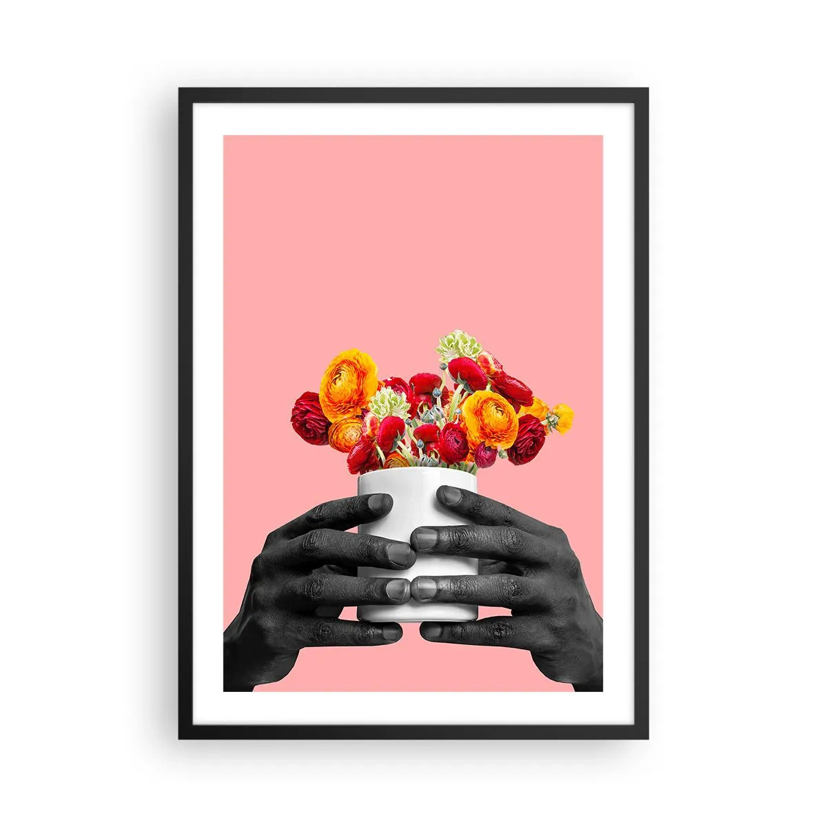 Pôster com moldura preta - Mãos negras segurando um buquê de flores em um fundo rosa - 50x70cm - A apoteose da vida - Decoração de parede moderna para a sala de estar e quarto ARTTOR