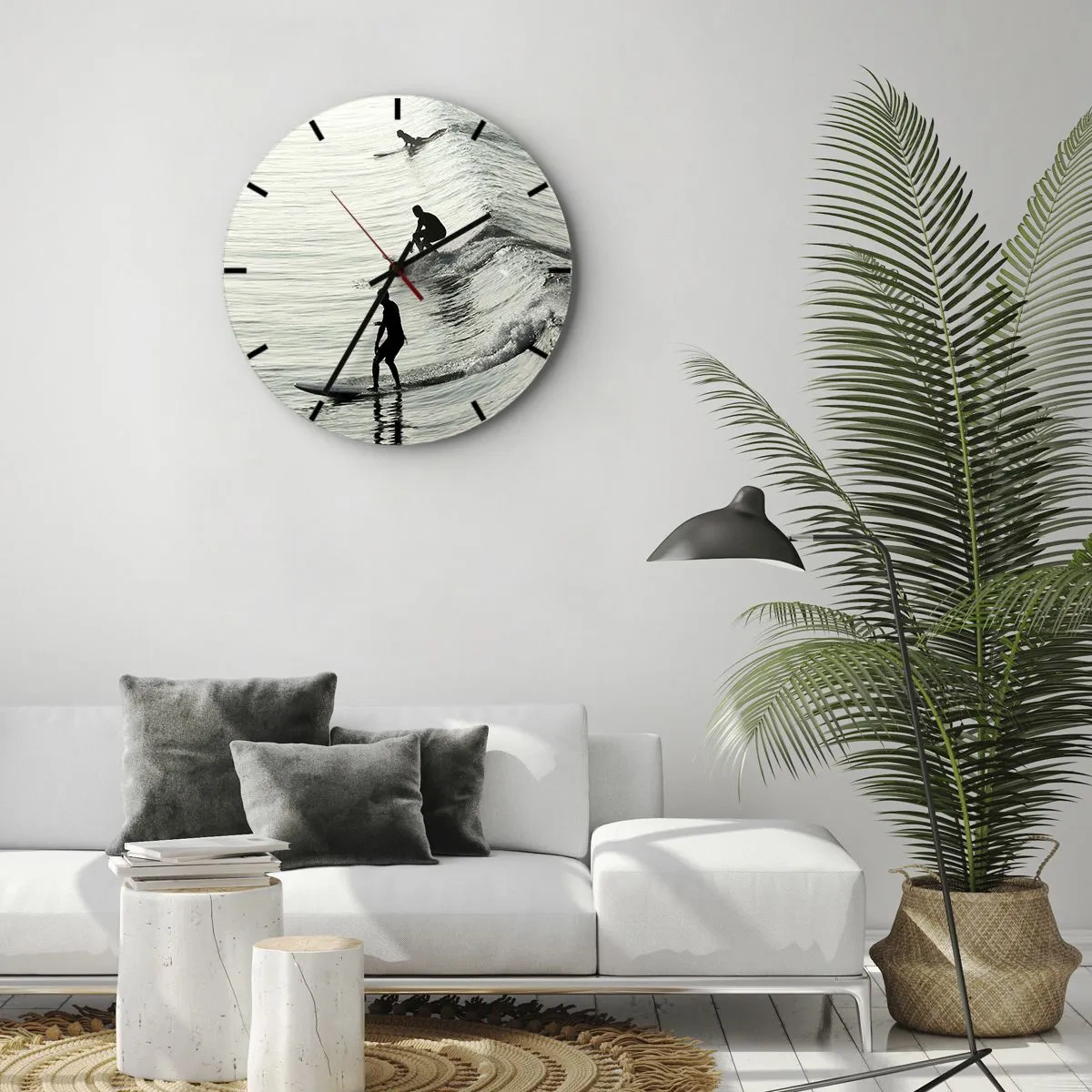 Relógio de parede - Relógio em vidro - Surfistas pegando ondas matinais em um mar calmo - 30x30cm - Para conhecer a onda - Decoração de parede moderna para a sala de estar, cozinha e quarto ARTTOR