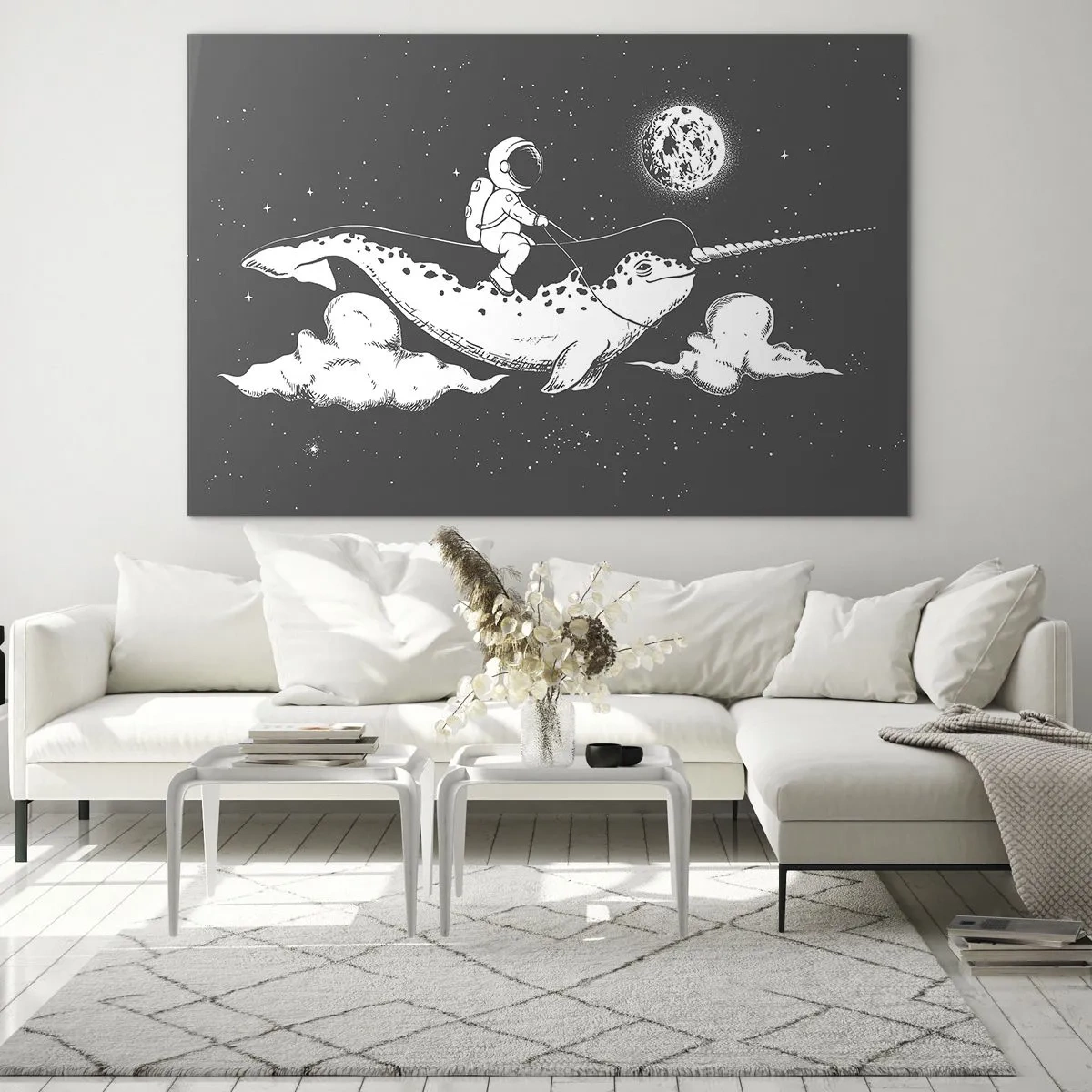 Quadro em vidro - Astronauta cavalgando um narval em um ambiente espacial - 70x50cm - Cavaleiro Espacial - Decoração de parede moderna para a sala de estar e quarto ARTTOR