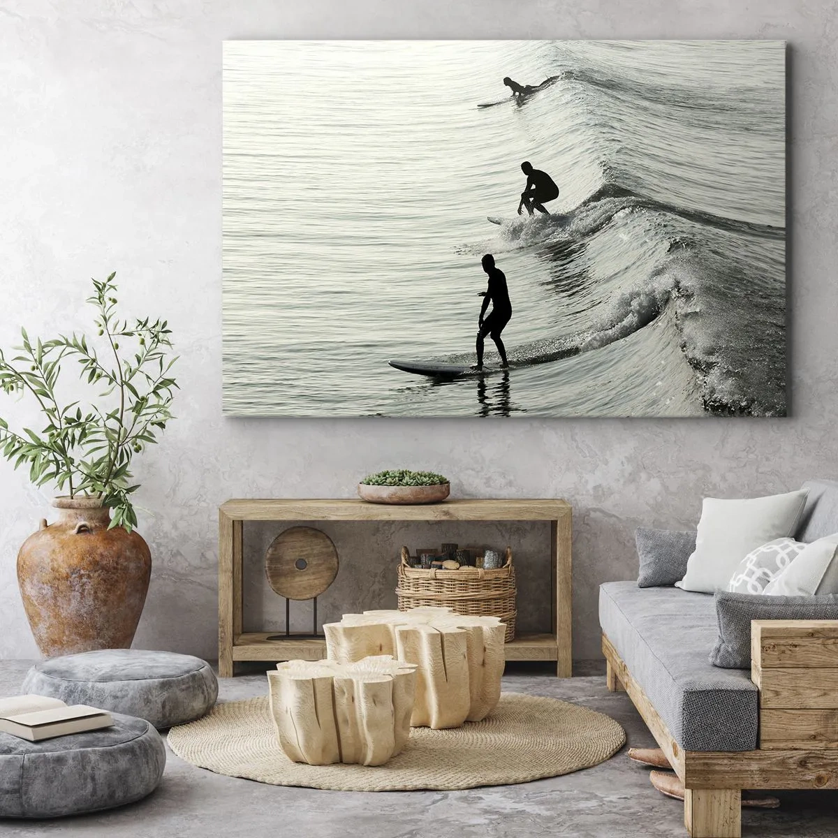 Quadro em tela - Surfistas nas ondas em uma foto monocromática - 70x50cm - Para conhecer a onda - Decoração de parede moderna para a sala de estar e quarto ARTTOR