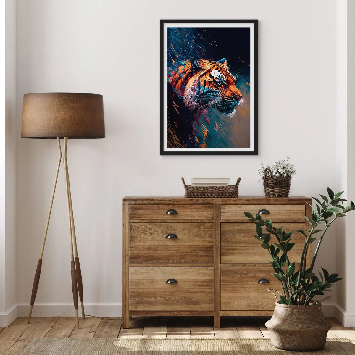 Pôster com moldura preta - Um retrato dinâmico de um tigre em estilo artístico - 50x70cm - Beleza selvagem - Decoração de parede moderna para a sala de estar e quarto ARTTOR