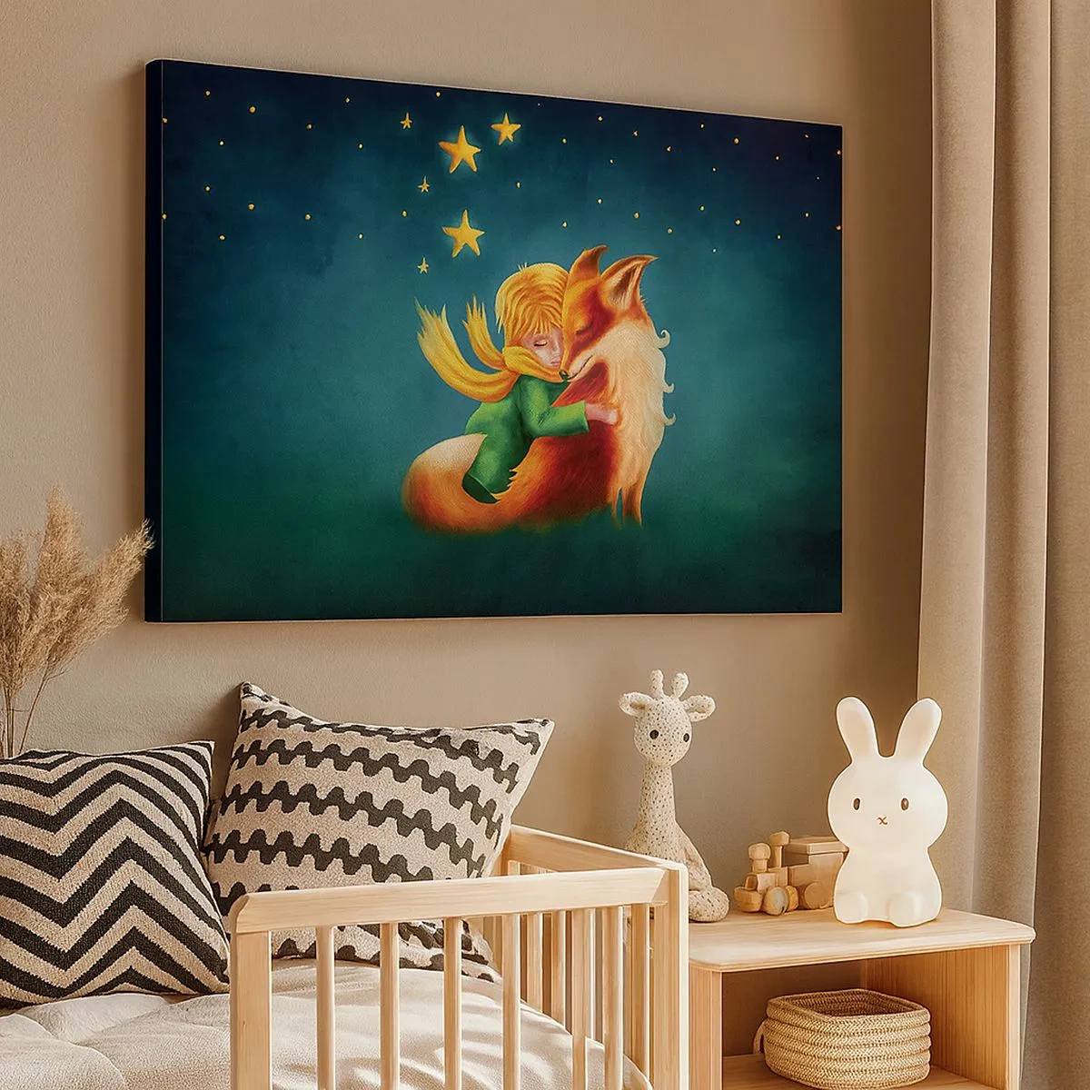 Quadro em tela - Um menino com uma raposa em um cenário mágico com estrelas - 70x50cm - O Pequeno Príncipe - Decoração de parede moderna para a sala de estar e quarto ARTTOR