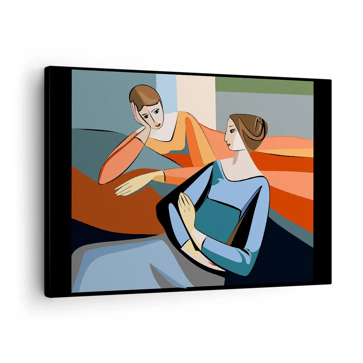 Quadro em tela - Ilustração abstrata de duas mulheres no estilo cubista - 70x50cm - Um momento de confiança - Decoração de parede moderna para a sala de estar e quarto ARTTOR