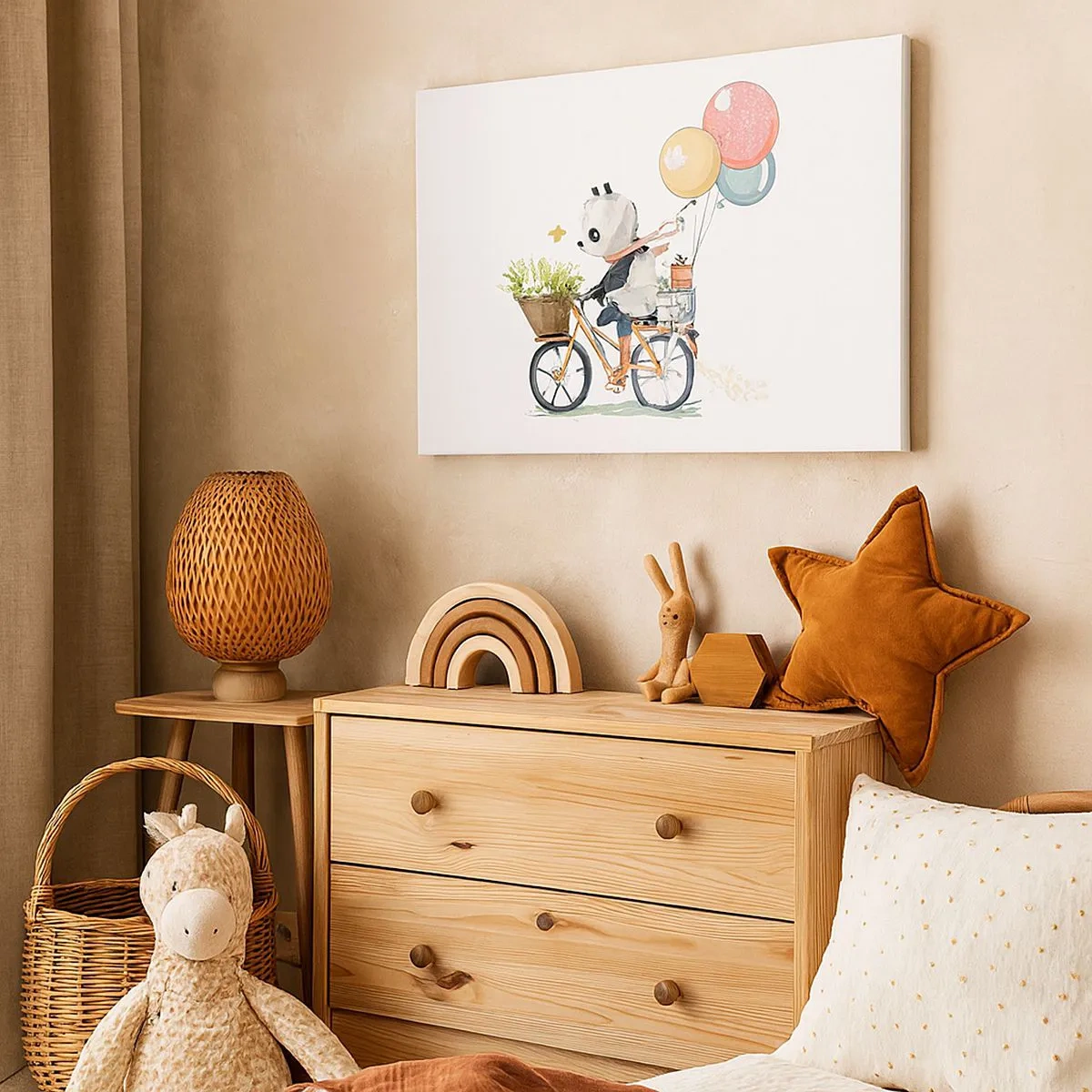 Quadro em tela - Panda em uma bicicleta com balões e flores - 70x50cm - Dia feliz - Decoração de parede moderna para a sala de estar e quarto ARTTOR