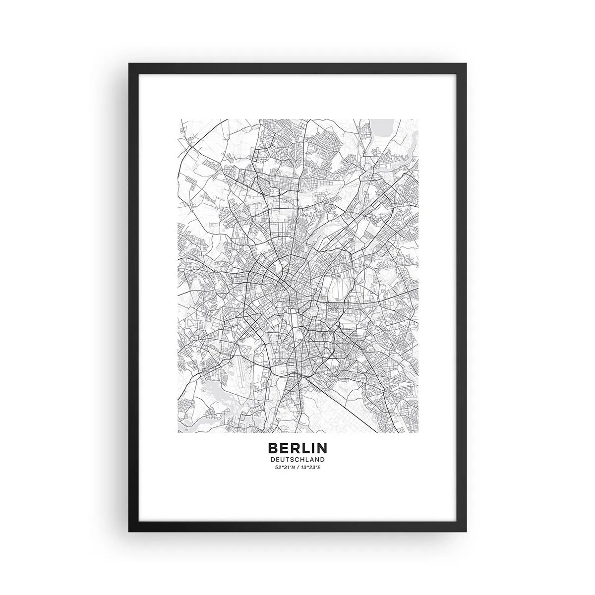 Pôster com moldura preta - Um mapa preto e branco de Berlim com ruas mapeadas com precisão. - 50x70cm - Flor de Berlim - Decoração de parede moderna para a sala de estar e quarto ARTTOR