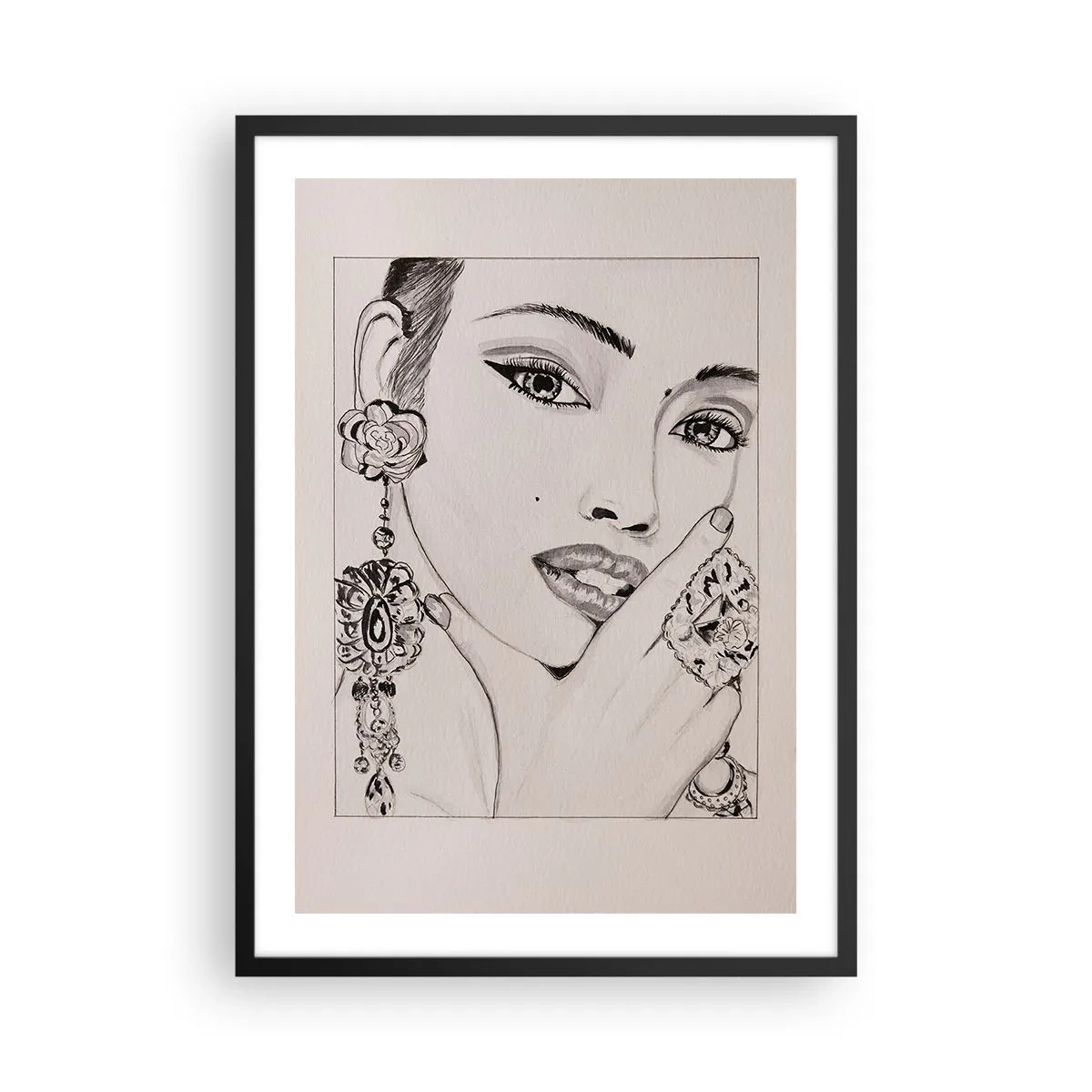 Pôster com moldura preta - Esboço de uma mulher usando joias glamorosas - 50x70cm - A joia mais linda - Decoração de parede moderna para a sala de estar e quarto ARTTOR