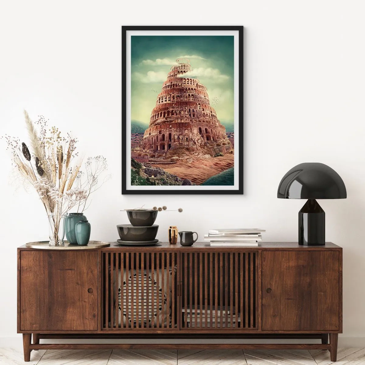 Pôster com moldura preta - A mítica Torre de Babel em uma paisagem pitoresca - 50x70cm - Torre de babel - Decoração de parede moderna para a sala de estar e quarto ARTTOR