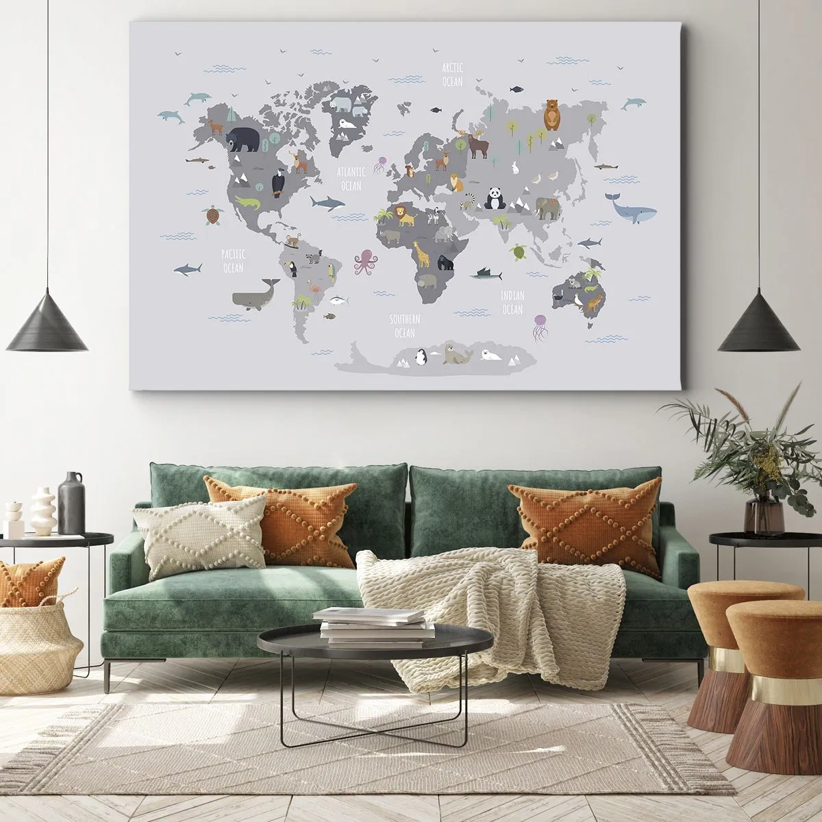 Quadro em tela - Um mapa-múndi com ilustrações de animais em um fundo cinza - 70x50cm - Diga-me de onde é... - Decoração de parede moderna para a sala de estar e quarto ARTTOR