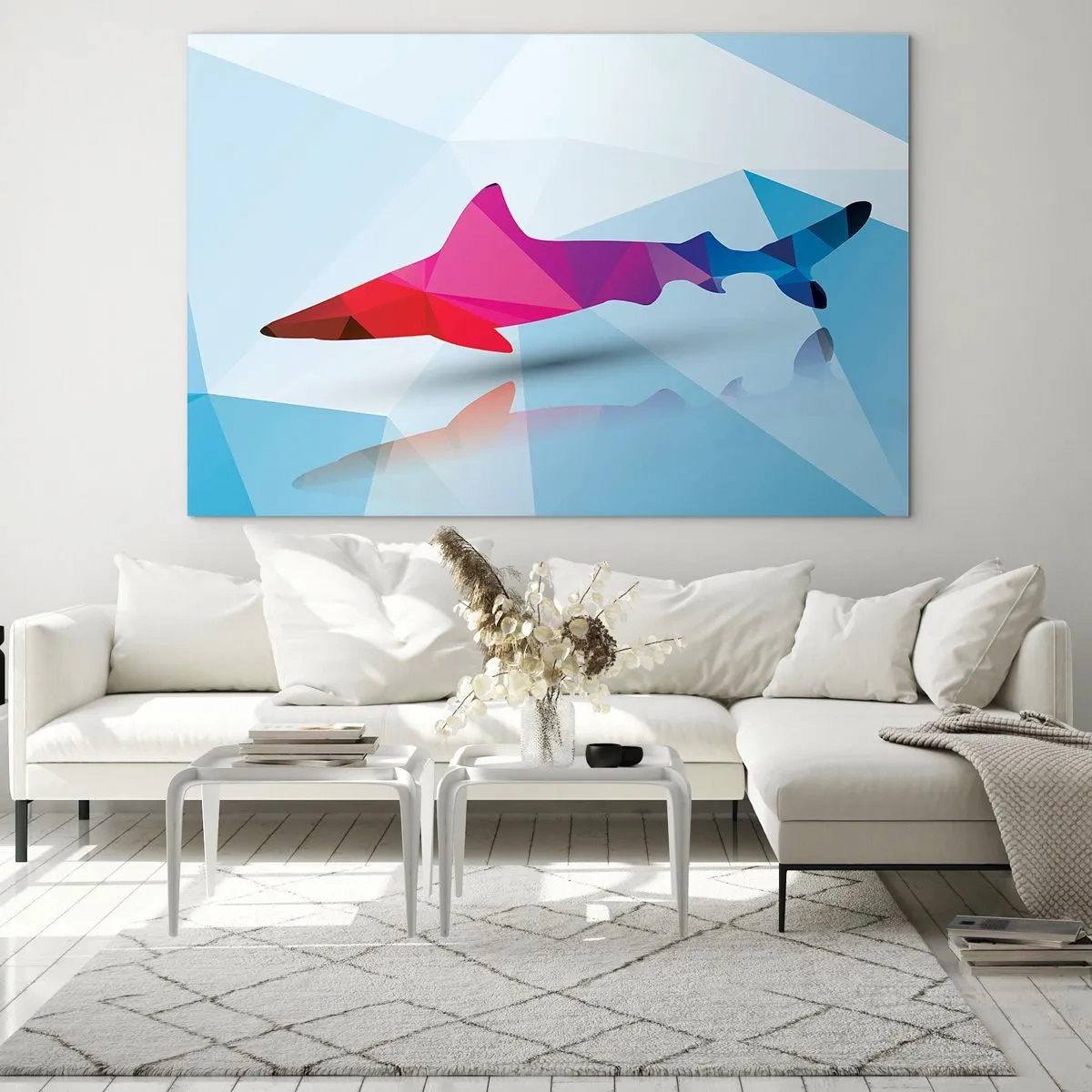 Quadro em vidro - Tubarão geométrico em tons de vermelho e azul - 70x50cm - Tubarão no espaço de cristal - Decoração de parede moderna para a sala de estar e quarto ARTTOR