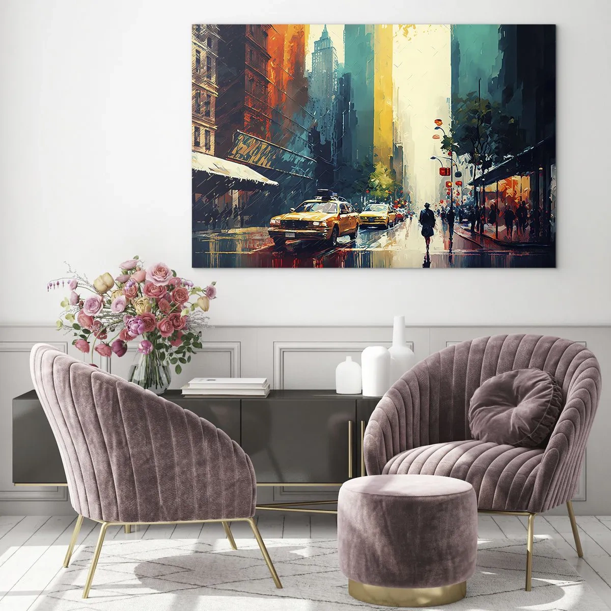 Quadro em vidro - Táxis coloridos e arranha-céus em uma rua molhada da cidade - 70x50cm - Nova York – até a chuva é colorida aqui - Decoração de parede moderna para a sala de estar e quarto ARTTOR