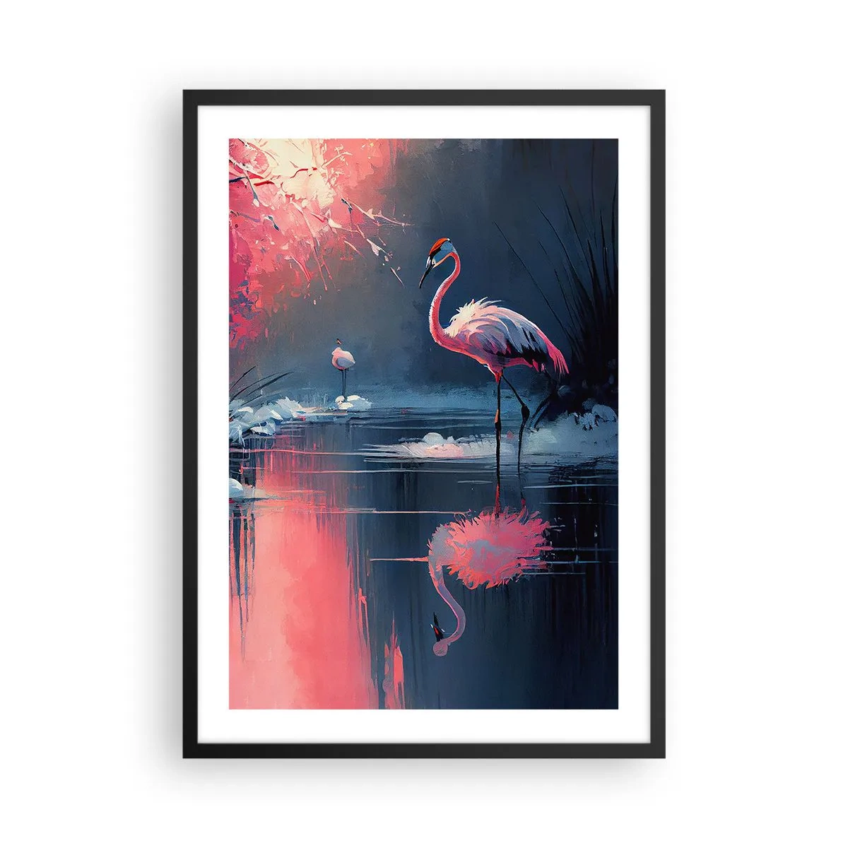 Pôster com moldura preta - Flamingos em um lago calmo - 50x70cm - O retiro de um pássaro - Decoração de parede moderna para a sala de estar e quarto ARTTOR