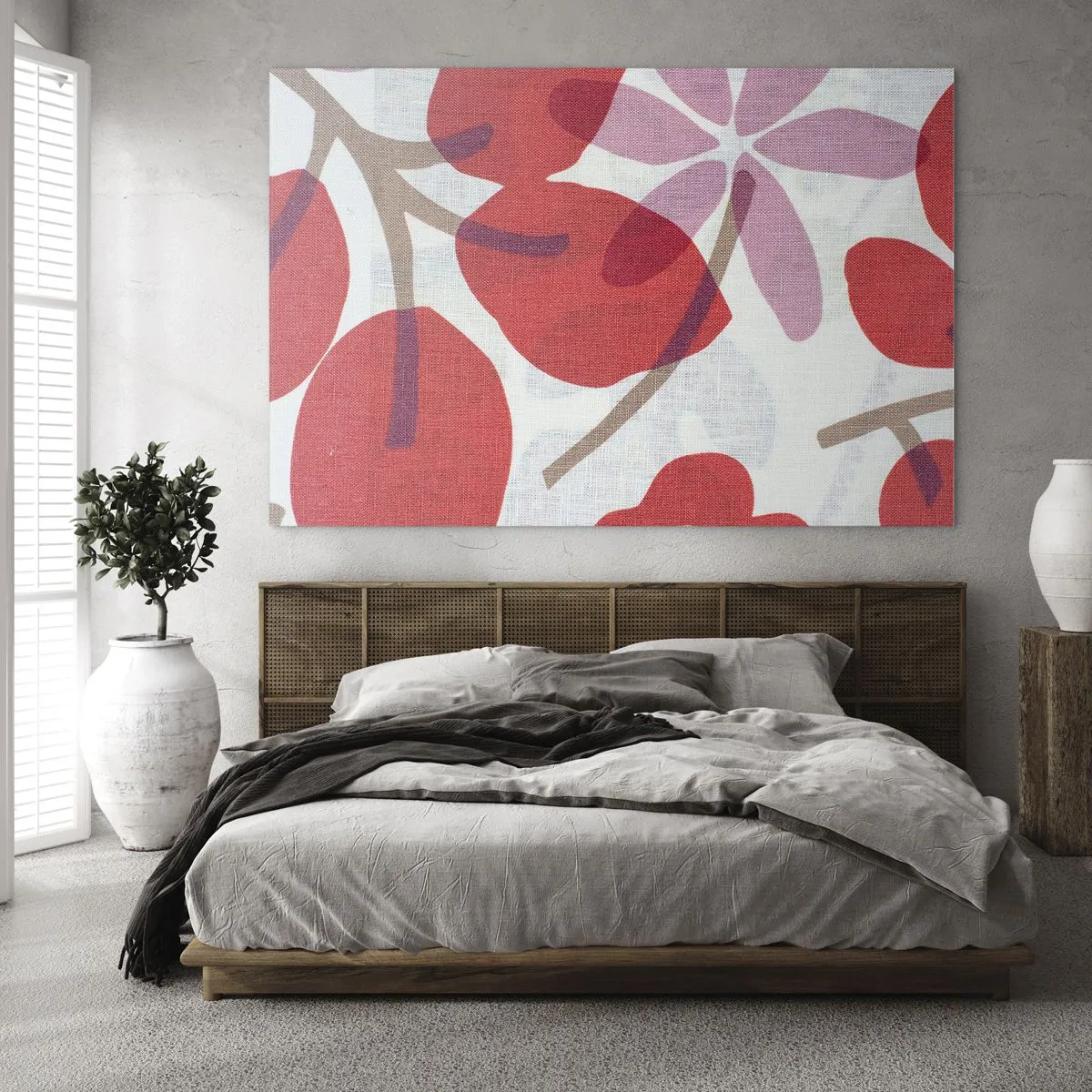 Quadro em vidro - Folhas e flores rosa e vermelhas em um fundo claro - 70x50cm - Arranjo de flores em rosa - Decoração de parede moderna para a sala de estar e quarto ARTTOR