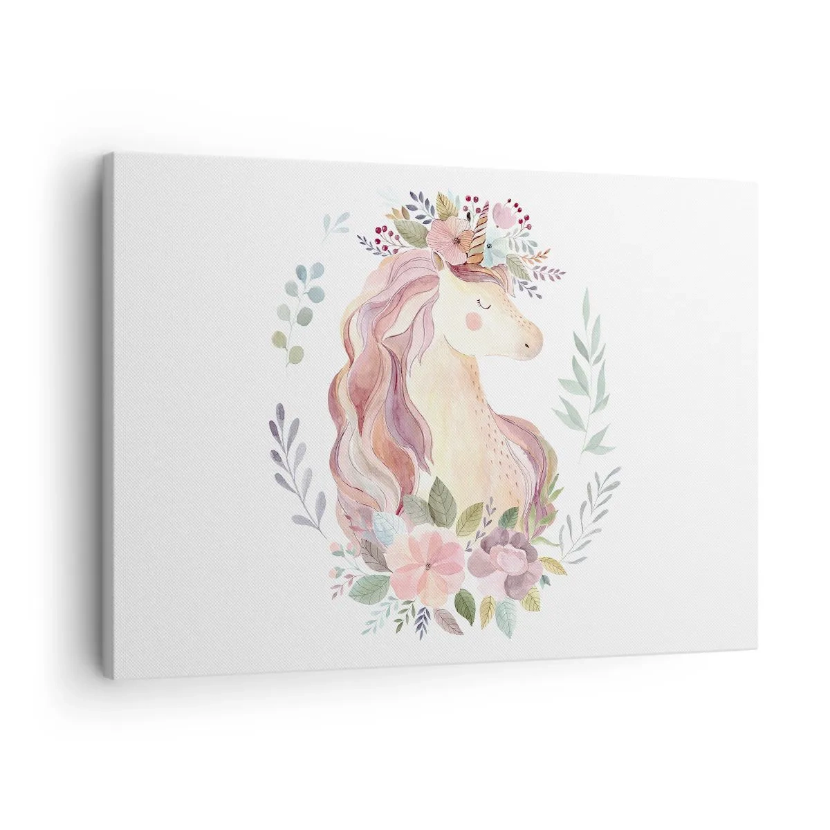 Quadro em tela - Um unicórnio em tons pastéis cercado por flores - 70x50cm - Um convite ao mundo dos contos de fadas - Decoração de parede moderna para a sala de estar e quarto ARTTOR