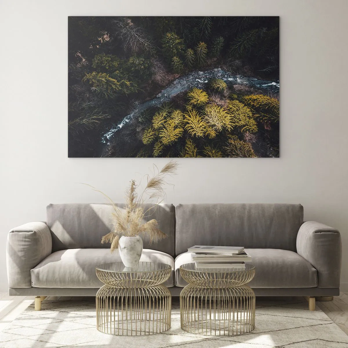 Quadro em vidro - Uma vista aérea de uma paisagem florestal com um riacho sinuoso - 70x50cm - Rápido e cada vez mais rápido - Decoração de parede moderna para a sala de estar e quarto ARTTOR